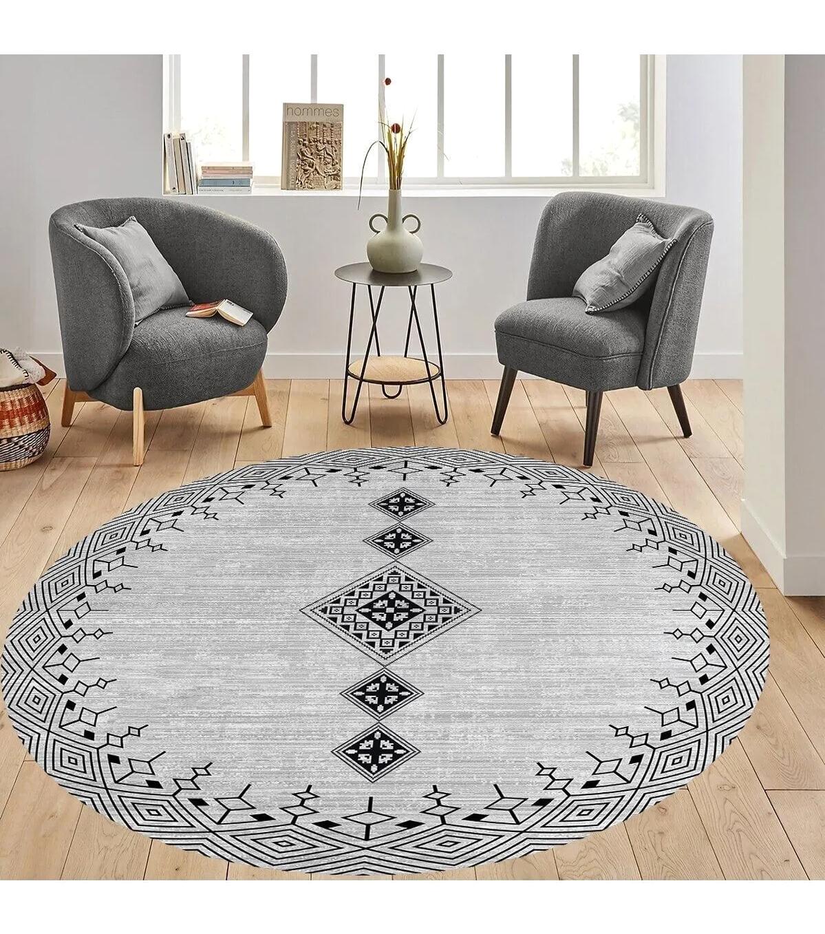 Rovigo Home RVG7321-SD1106 Gri 8 mm Polyester Antibakteriyel-Leke Tutmaz-Toz Tutmaz Yıkanabilir İnce Kaymaz Dot Taban Yuvarlak Makine Dokuma Salon Halısı 80x120 cm