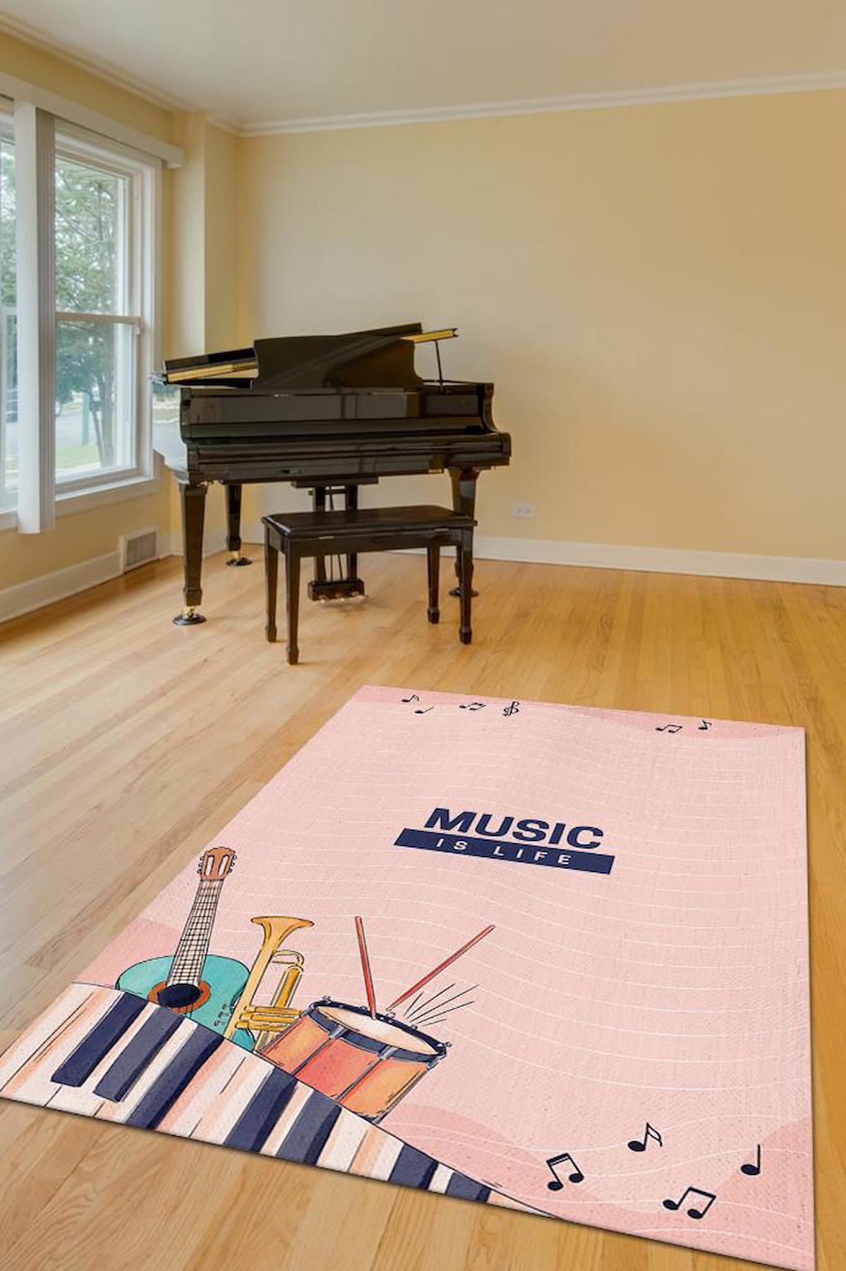 Homshtag Hayatım Müzik Çok Renkli 4 mm Pamuk Antistatik Yıkanabilir İnce Kaymaz Dikdörtgen Makine Dokuma Hobi Odası Halısı 120x200 cm