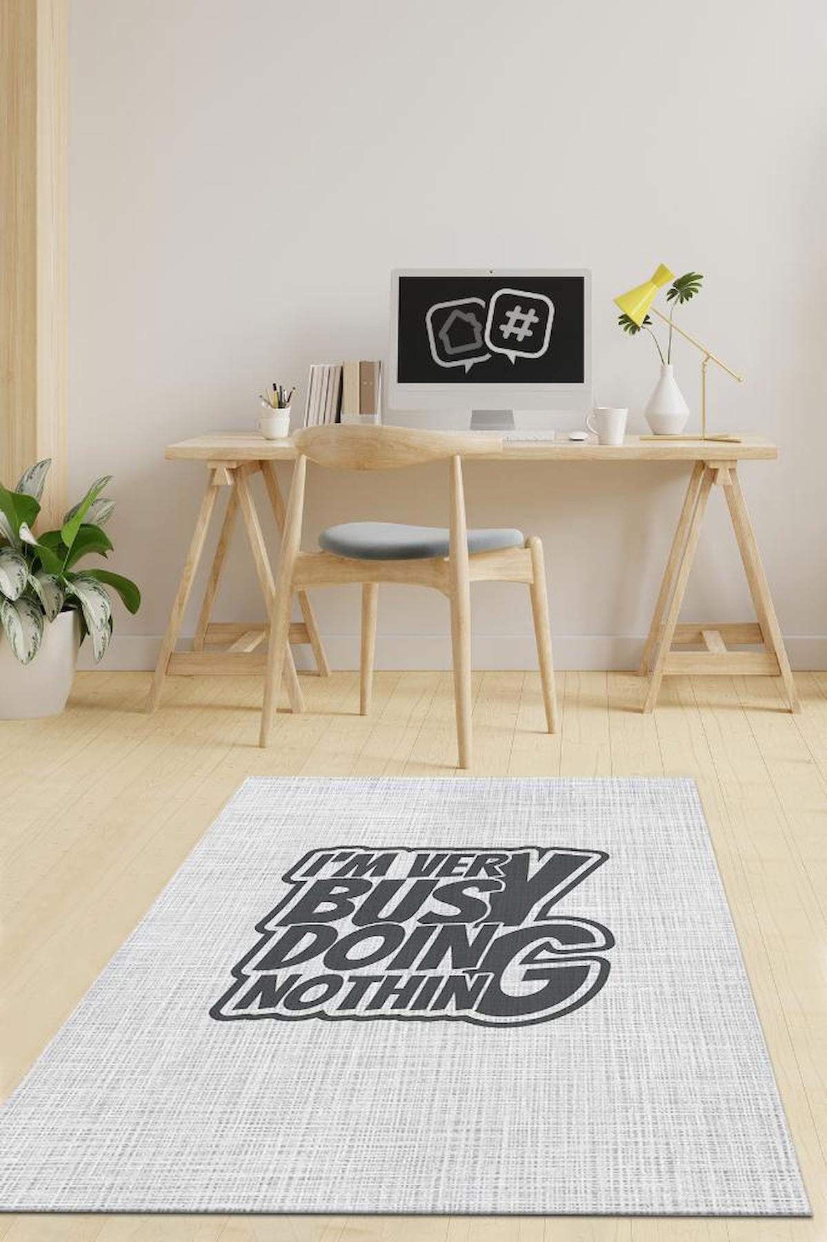 Homshtag Hiçbir Şeyle Meşgulüm Krem 4 mm Pamuk Antistatik Yıkanabilir İnce Kaymaz Dikdörtgen Makine Dokuma Ofis Halısı 80x150 cm