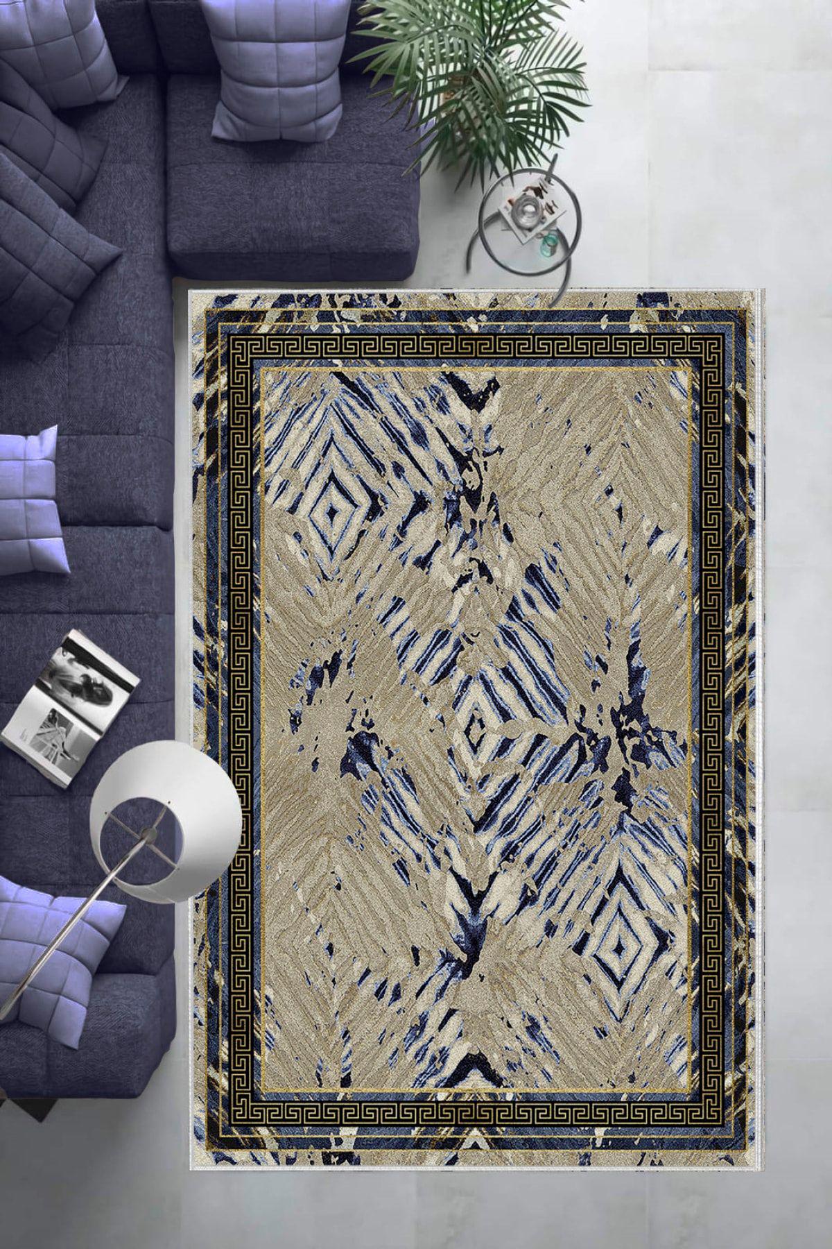 Aldora B1208 Lacivert 9 mm Deri Leke tutmaz Yıkanabilir İnce Kaymaz Deri Taban Dikdörtgen Makine Dokuma Salon Halısı 80x500 cm