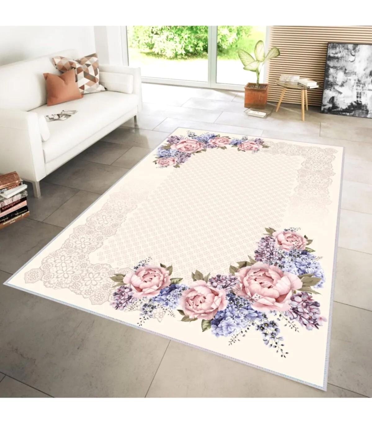 Rovigo Home RVG1119 Krem 8 mm Polyester Leke Tutmaz-Toz Tutmaz Yıkanabilir İnce Kaymaz Dot Taban Dikdörtgen Makine Dokuma Salon Halısı 150x230 cm