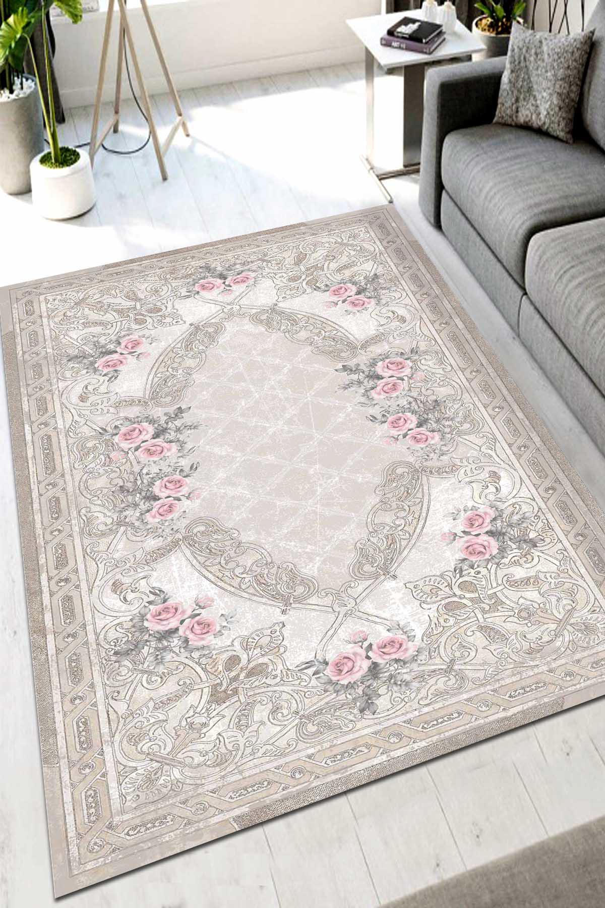 Latte Dizayn Cetera Krem 0.5 mm Pamuk Antibakteriyel Yıkanabilir İnce Kaymaz Pamuk Taban Dikdörtgen Makine Dokuma Salon Halısı 90x90 cm