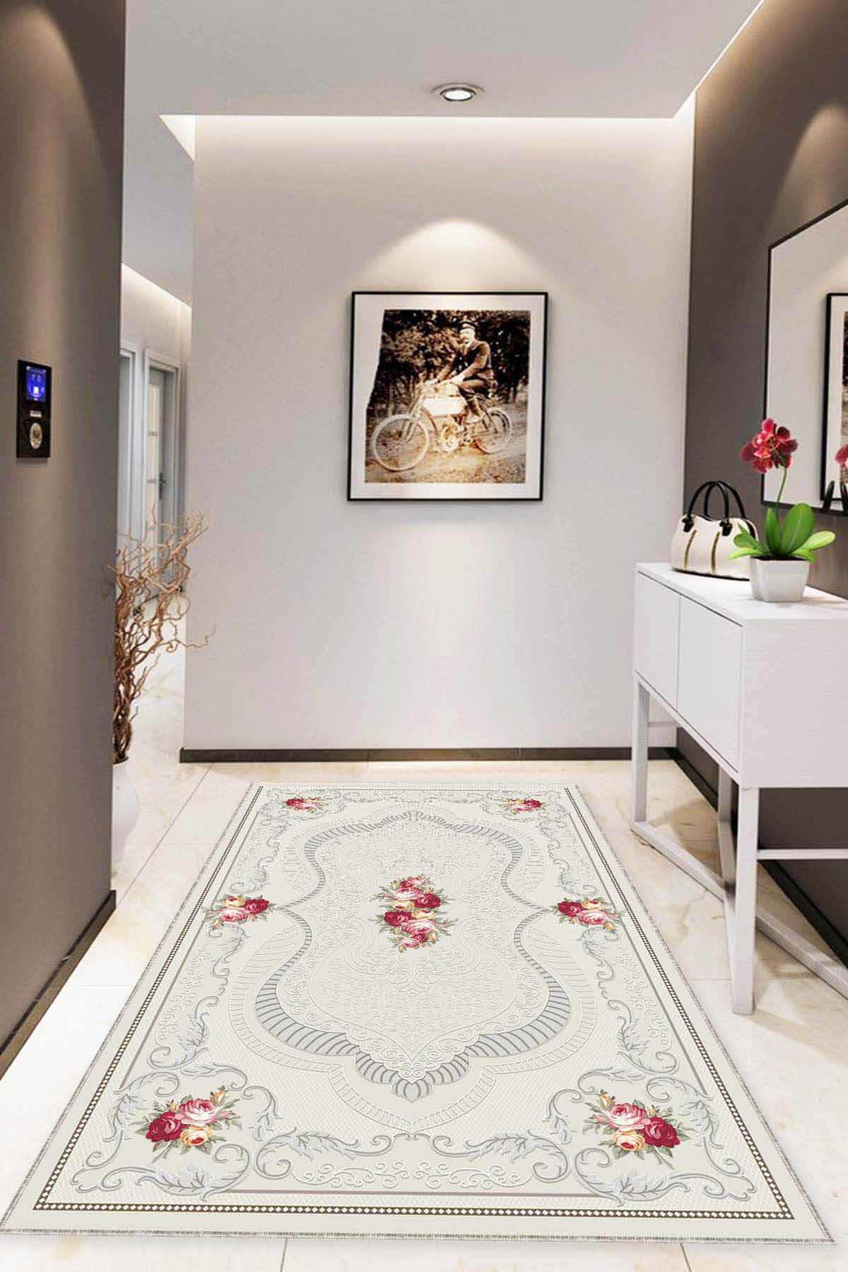 Viva Home MK38 Bej 7 mm Mikropolyester Antibakteriyel Yıkanabilir İnce Kaymaz Taban Dikdörtgen Makine Dokuma Halı 80x300 cm