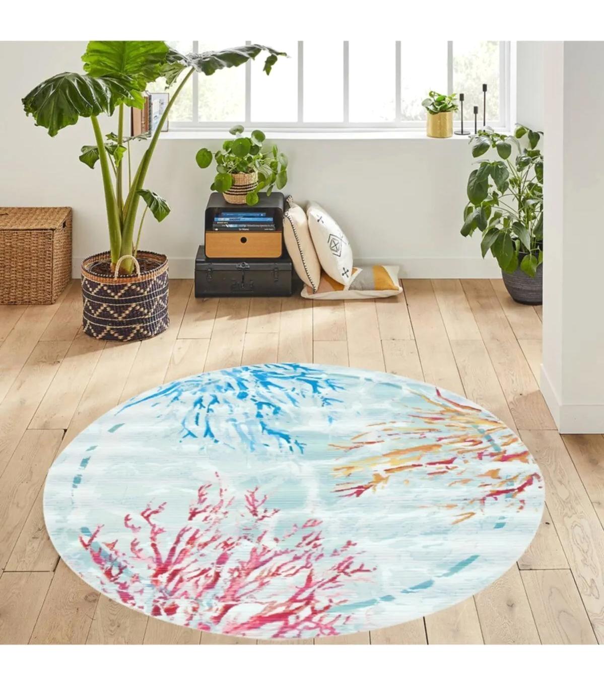 Rovigo Home RVG7141 Çok Renkli 8 mm Polyester Antibakteriyel-Leke Tutmaz-Toz Tutmaz Yıkanabilir İnce Kaymaz Dot Taban Yuvarlak Makine Dokuma Salon Halısı 140x200 cm