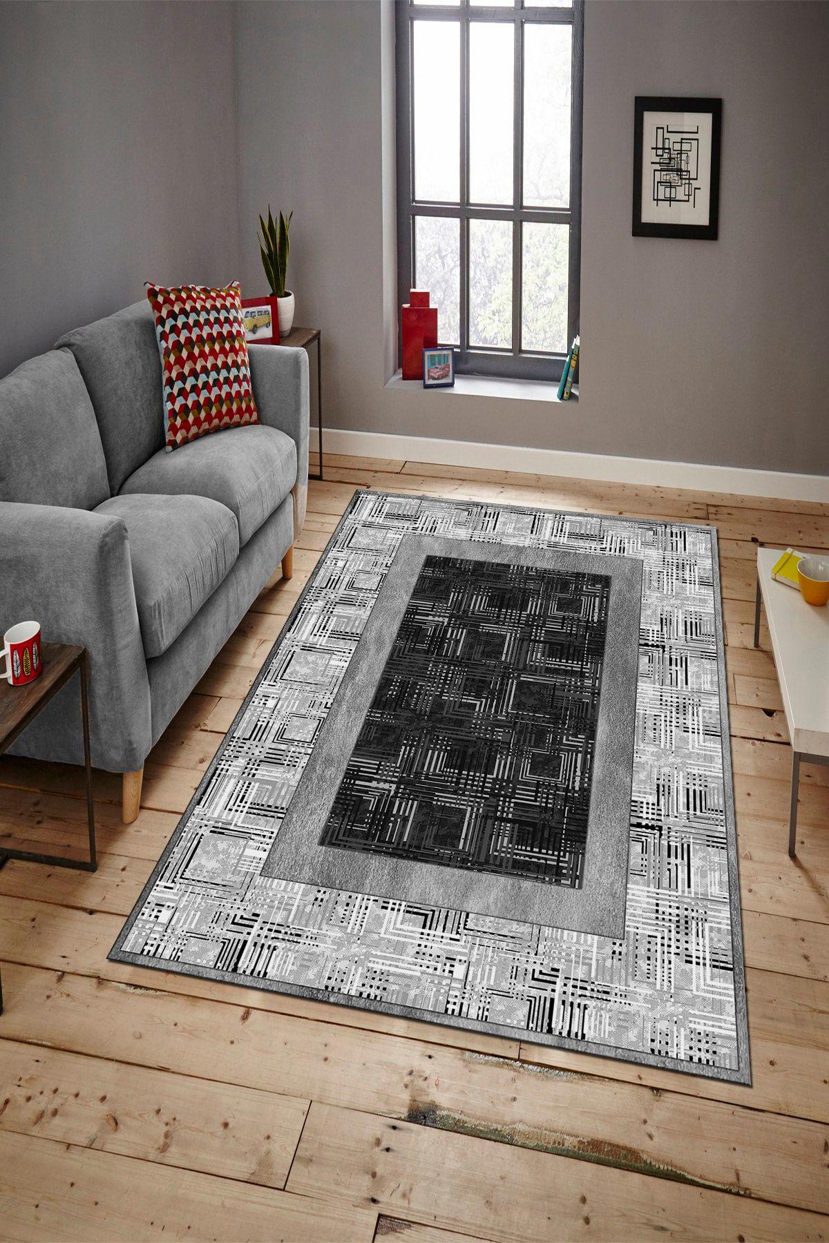 Aldora B1304 Gri 9 mm Deri Toz Tutmaz Yıkanabilir İnce Kaymaz Deri Taban Dikdörtgen Makine Dokuma Salon Halısı 120x120 cm