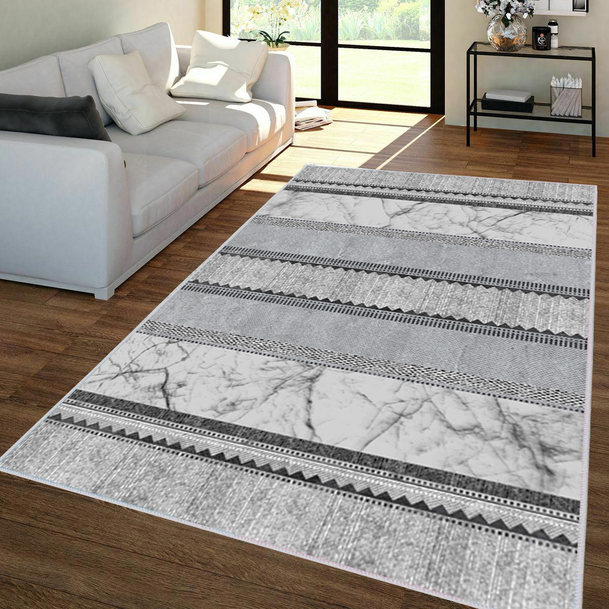 Rovigo Home RVG1350-HT362 Gri 8 mm Polyester Leke Tutmaz-Toz Tutmaz Yıkanabilir İnce Kaymaz Dot Taban Dikdörtgen Makine Dokuma Salon Halısı 80x400 cm