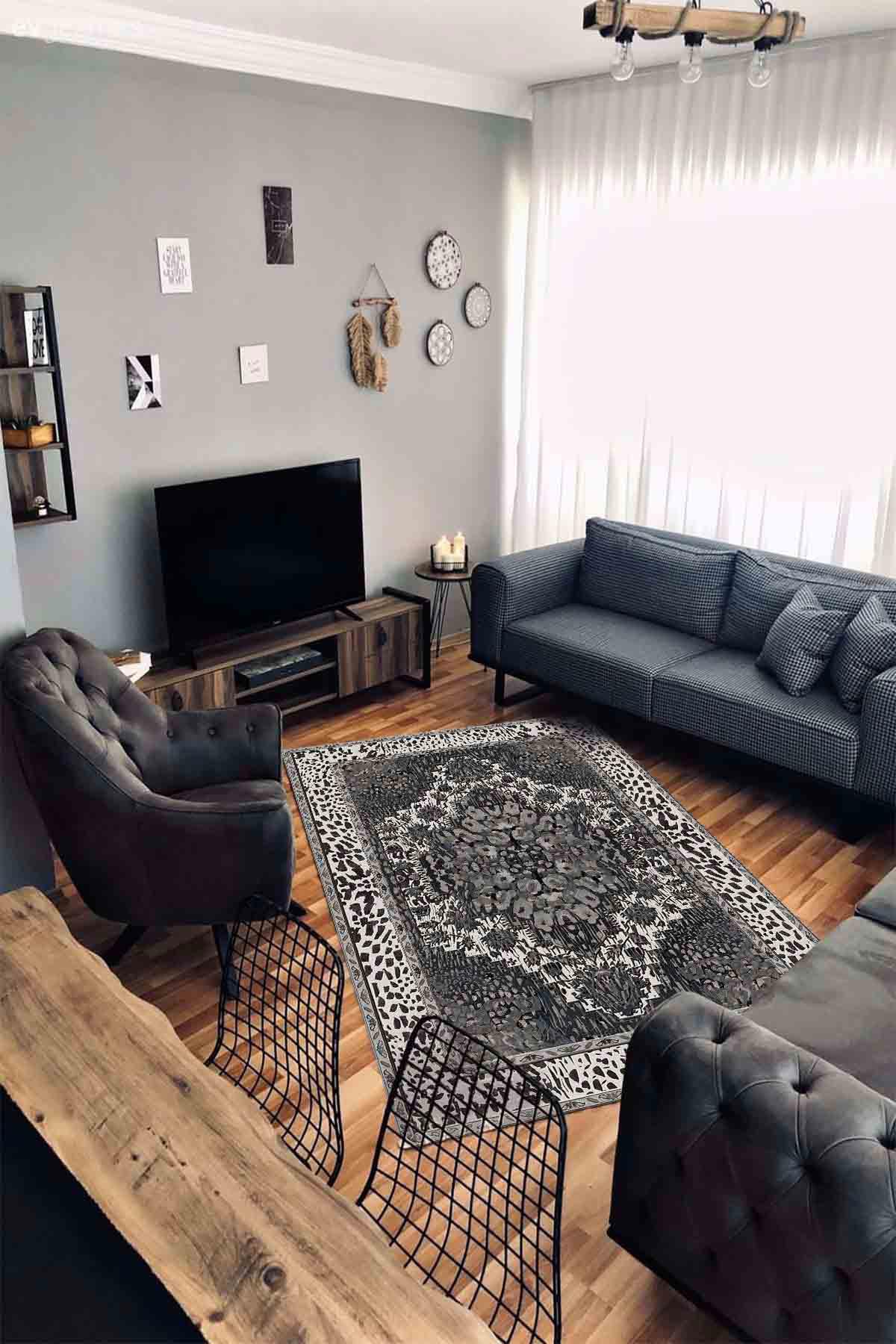 Latte Dizayn Leoblack Krem 0.5 mm Pamuk Antibakteriyel Yıkanabilir İnce Kaymaz Pamuk Taban Dikdörtgen Makine Dokuma Salon Halısı 200x290 cm