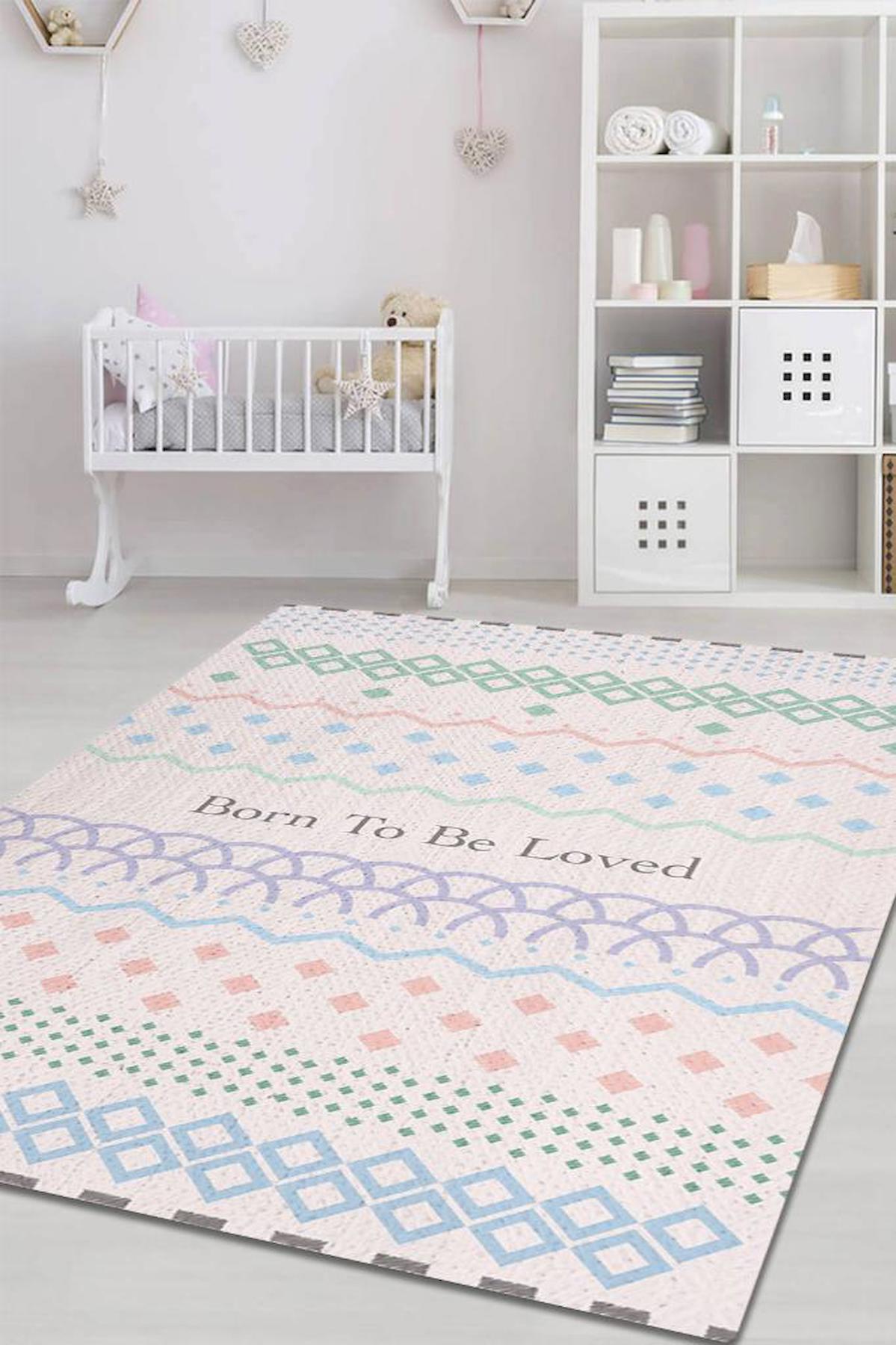 Homshtag Sevilmek İçin Doğdu Krem 4 mm Pamuk Antistatik Yıkanabilir İnce Kaymaz Geometrik Dikdörtgen Makine Dokuma Çocuk Odası Halısı 200x290 cm
