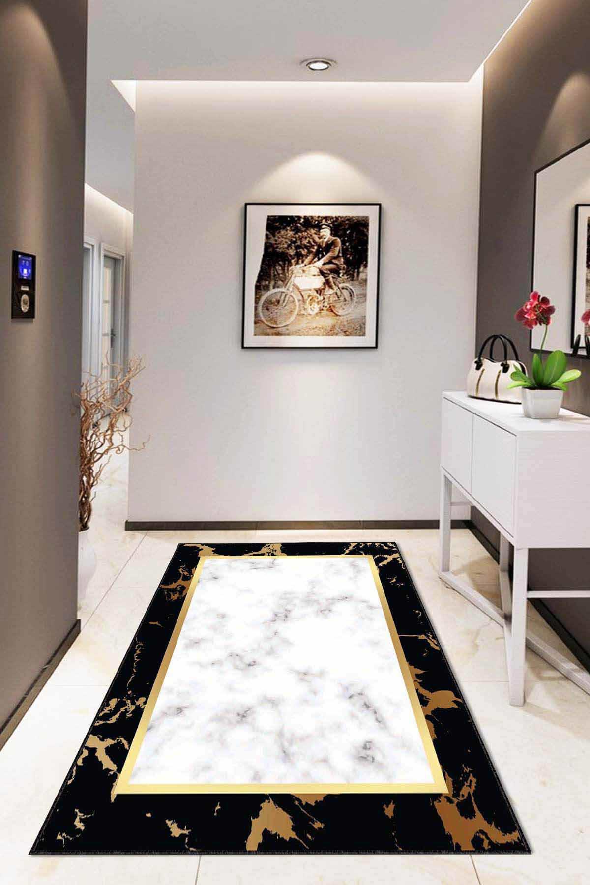 Viva Home AR100 Altın-Siyah 7 mm Mikropolyester Antibakteriyel Yıkanabilir Kalın Kaymaz Lateks Taban Dikdörtgen Makine Dokuma Salon Halısı