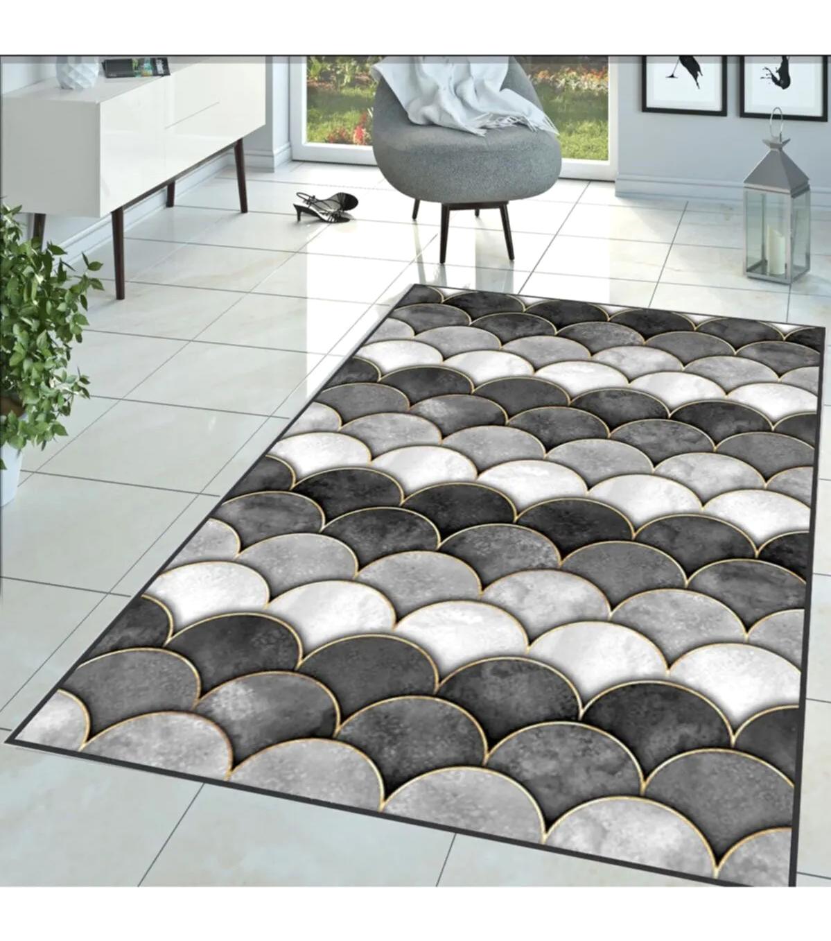 Rovigo Home RVG1398-HT1376 Gri 8 mm Polyester Leke Tutmaz-Toz Tutmaz Yıkanabilir İnce Kaymaz Dot Taban Dikdörtgen Makine Dokuma Salon Halısı 120x250 cm
