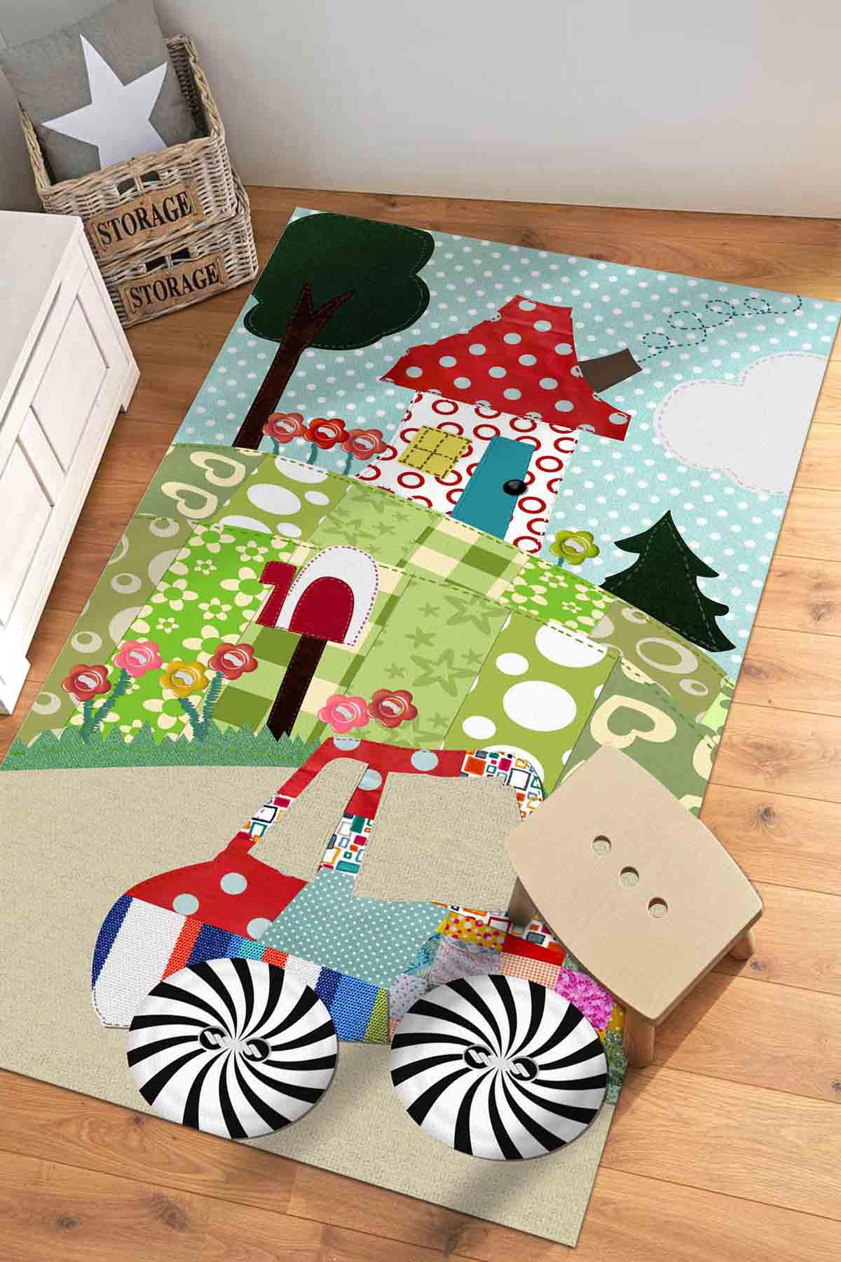 Latte Dizayn Ester Krem 0.5 mm Pamuk Silinebilir Yıkanabilir Orta Kaymaz Dikdörtgen Makine Dokuma Çocuk Odası Halısı 60x100 cm