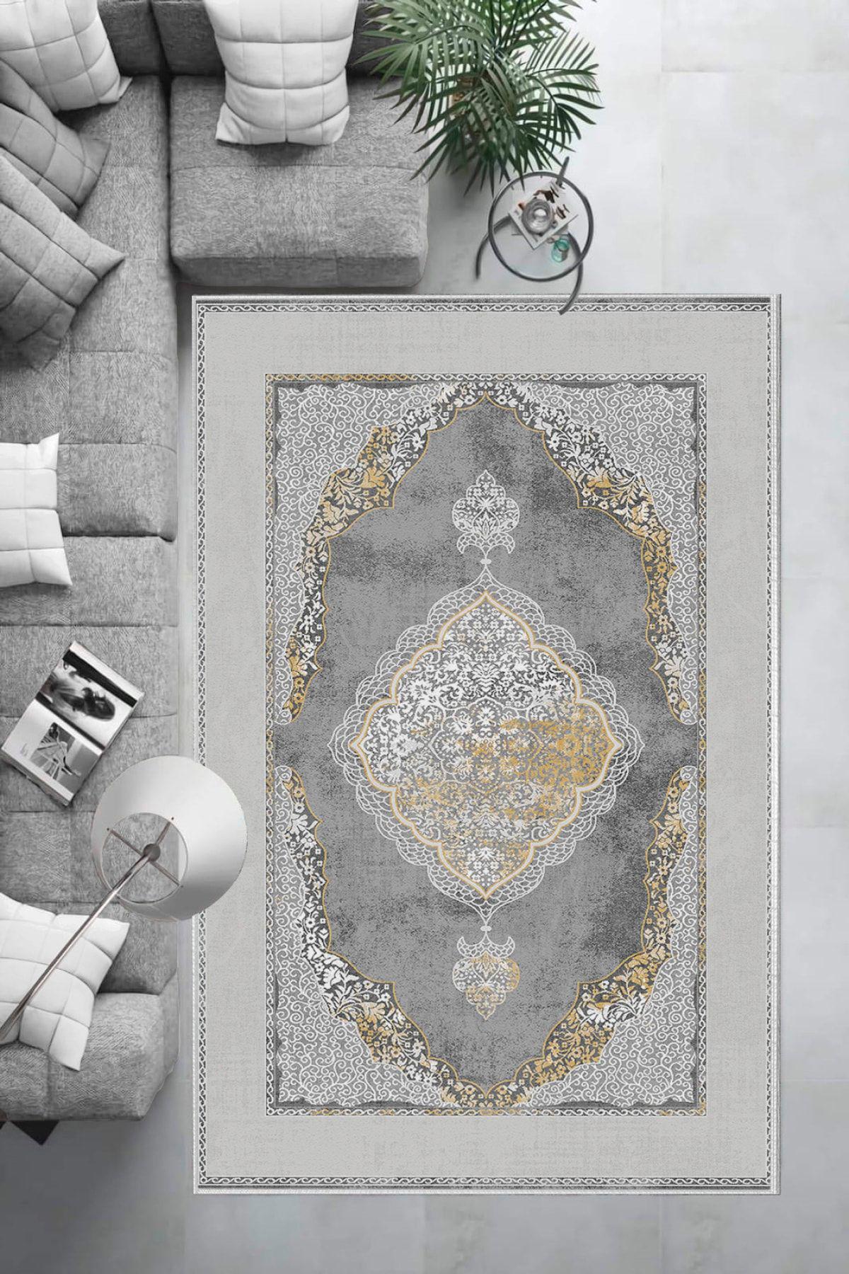 Aldora E4143 Gri 9 mm Deri Toz Tutmaz Yıkanabilir İnce Kaymaz Pamuk Taban Dikdörtgen Makine Dokuma Salon Halısı 120x180 cm