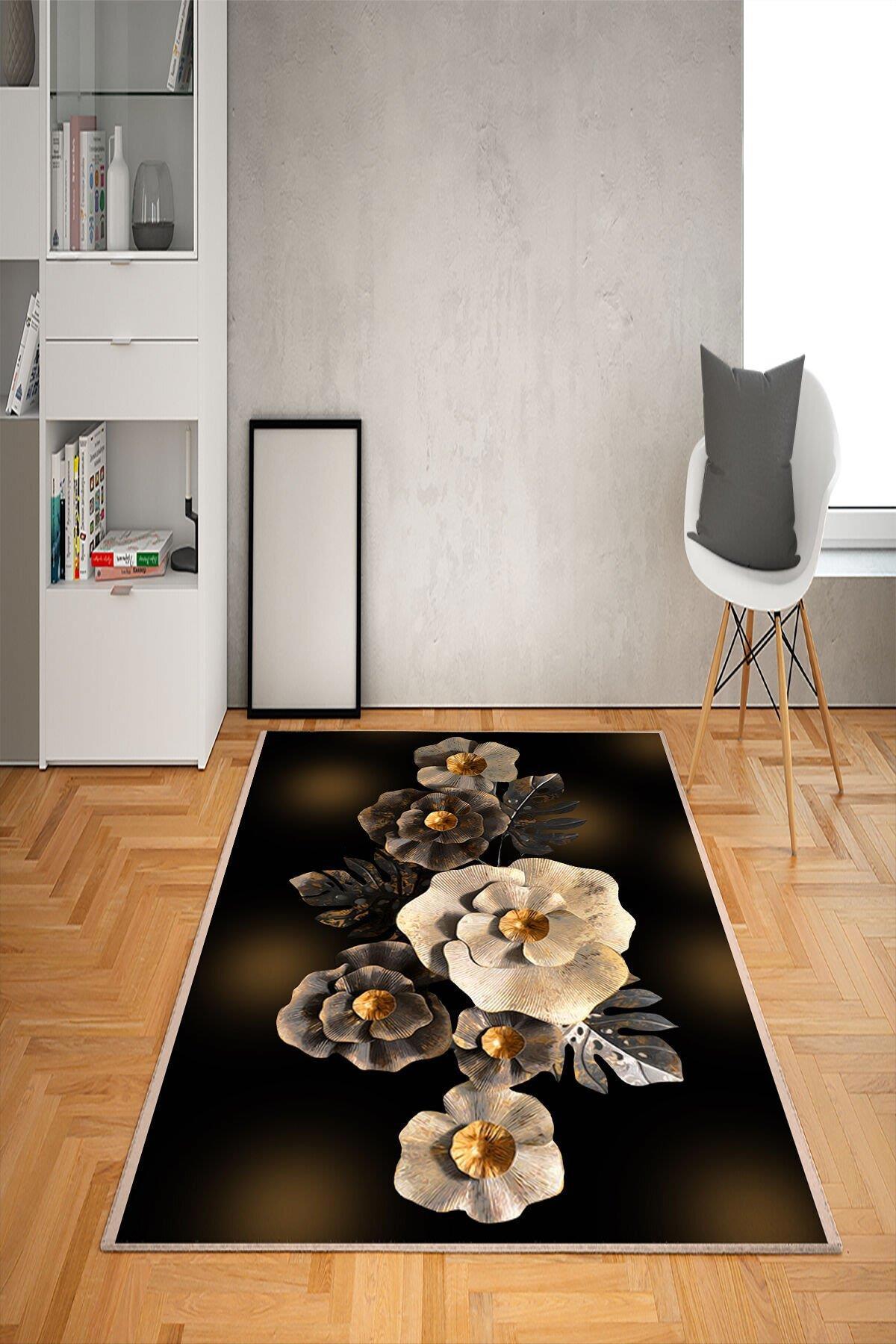 Doruklar Home Collection Çok Renkli 0.7 mm Polyester Antibakteriyel Yıkanabilir Kalın Kaymaz Taban Çiçek Desenli Dikdörtgen Makine Dokuma Salon Halısı 130x190 cm