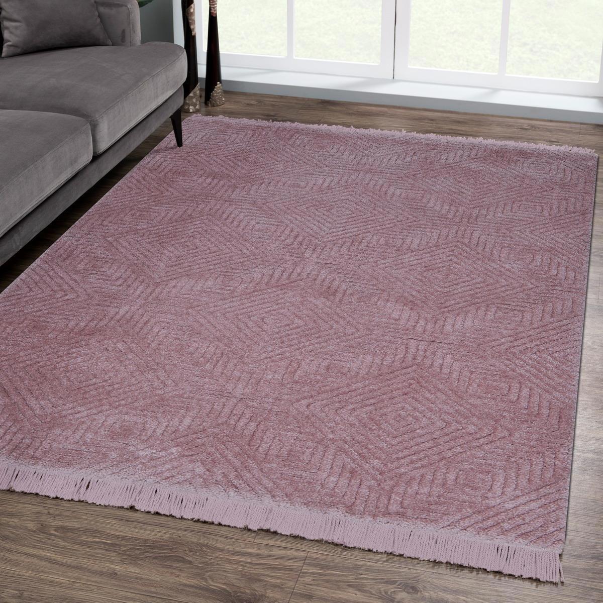 Giza Home 1176-RR44 Pembe 20 mm Polyester Toz Tutmaz Yıkanabilir Kalın Kaymaz Dikdörtgen Makine Dokuma Salon Halısı 100x300 cm