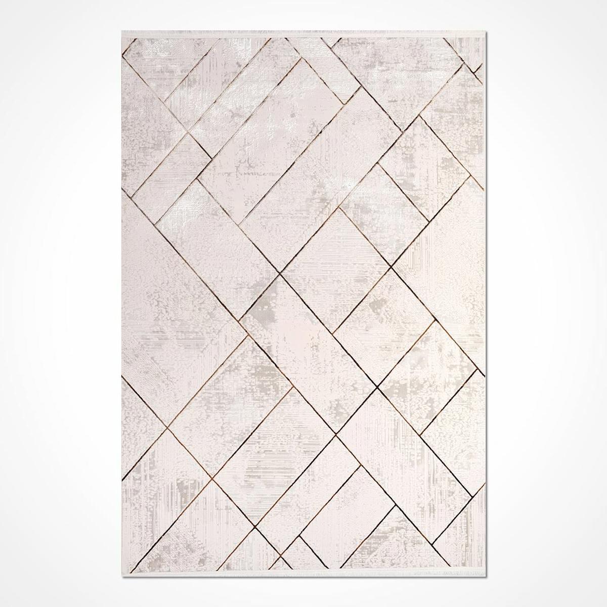 Crea Halı Safir 17307 Krem 6 mm Polyester Toz Tutmaz Yıkanabilir Orta Geometrik Dikdörtgen Makine Dokuma Salon Halısı 180x280 cm