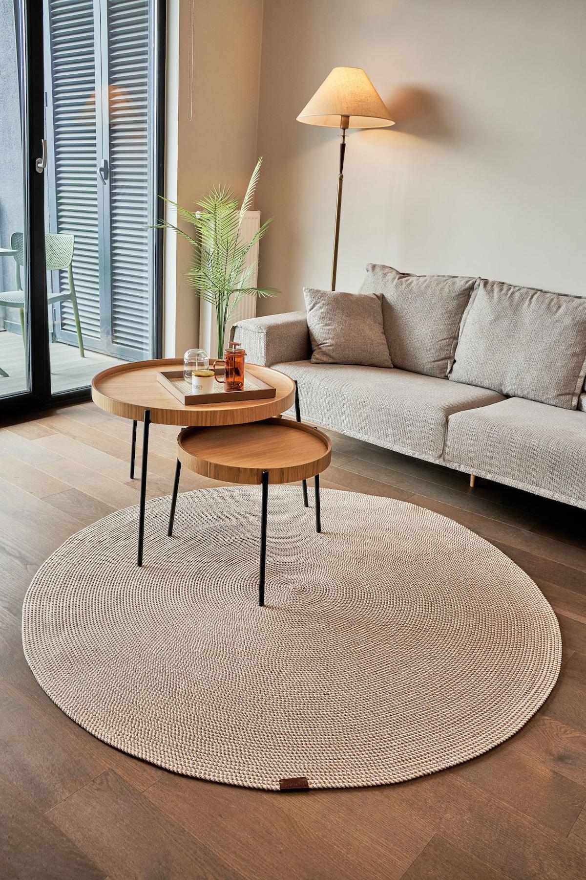Apex Magnolia 9141 Krem Pamuk Yıkanabilir İnce Kaymaz Jüt Taban Yuvarlak Makine Dokuma Salon Halısı 120x240 cm