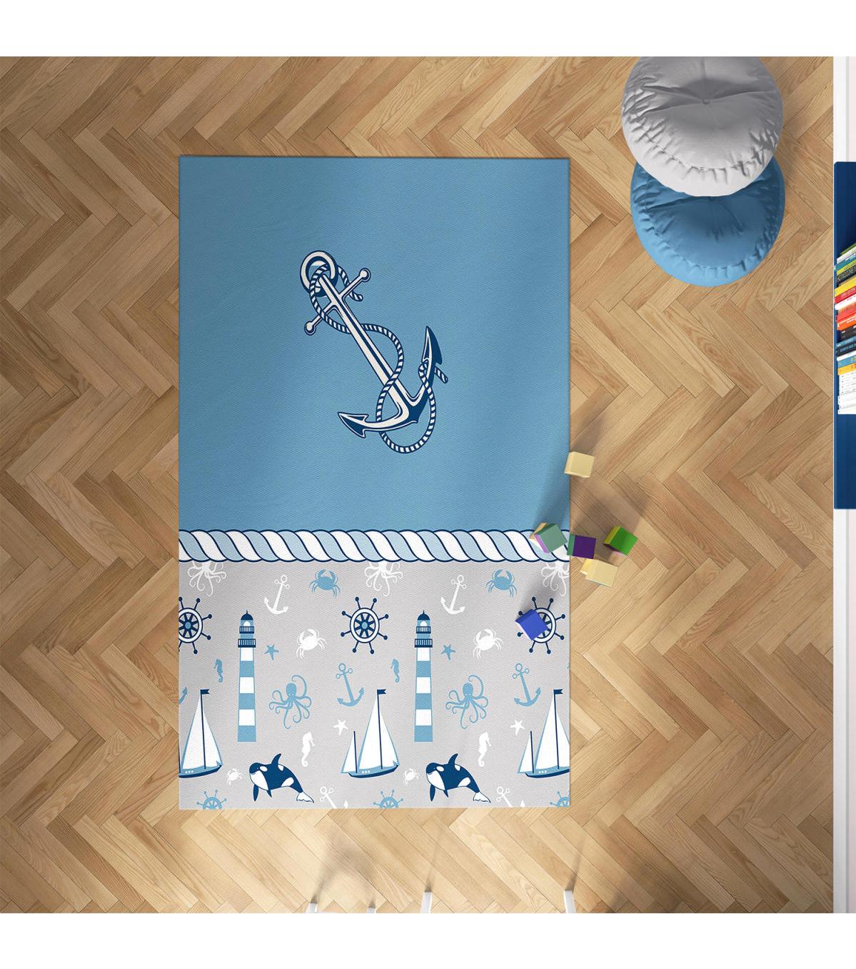 Chiron Baby Ceritti CRTT016 Gri-Mavi 5 mm Pamuk-Polyester Antialerjenik Yıkanabilir İnce Kaymaz Taban Figürlü Dikdörtgen Makine Dokuma Çocuk Odası Halısı 120x180 cm