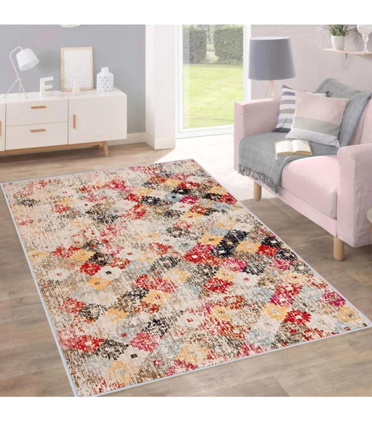 Rovigo Home RVG1696 Çok Renkli 8 mm Polyester Antibakteriyel-Leke Tutmaz-Toz Tutmaz Yıkanabilir İnce Kaymaz Dot Taban Dikdörtgen Makine Dokuma Salon Halısı 120x180 cm