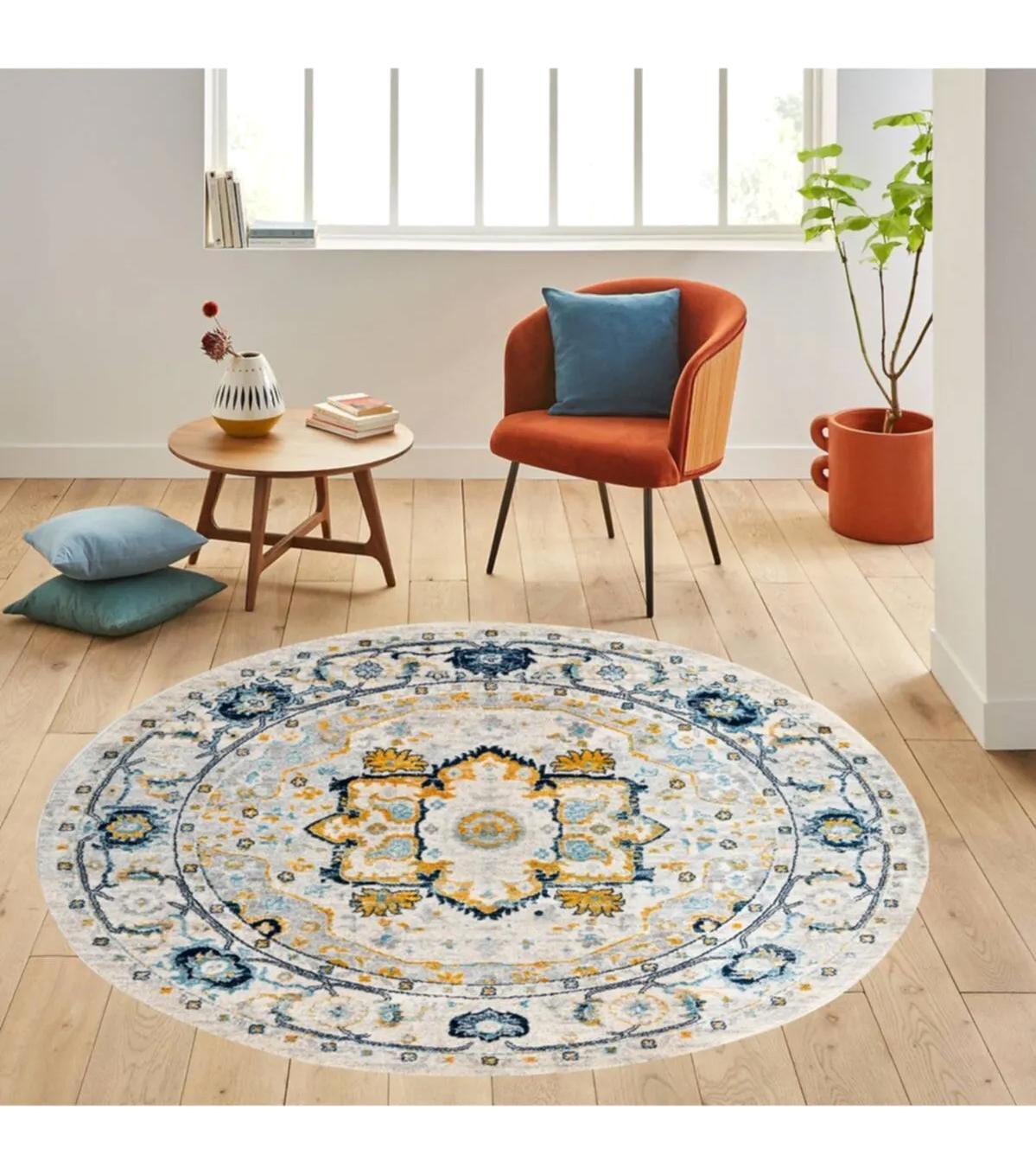 Rovigo Home RVG7150 Çok Renkli 8 mm Polyester Antibakteriyel-Leke Tutmaz-Toz Tutmaz Yıkanabilir İnce Kaymaz Dot Taban Yuvarlak Makine Dokuma Salon Halısı 100x150 cm
