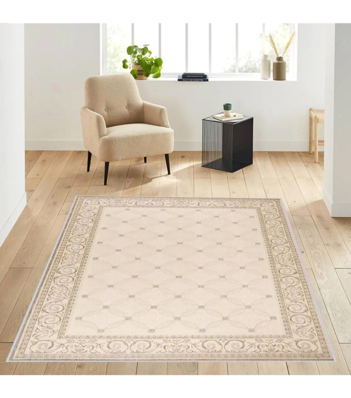 Rovigo Home RVG1773 Krem 8 mm Polyester Antibakteriyel-Leke Tutmaz-Toz Tutmaz Yıkanabilir İnce Kaymaz Dot Taban Dikdörtgen Makine Dokuma Salon Halısı 160x230 cm