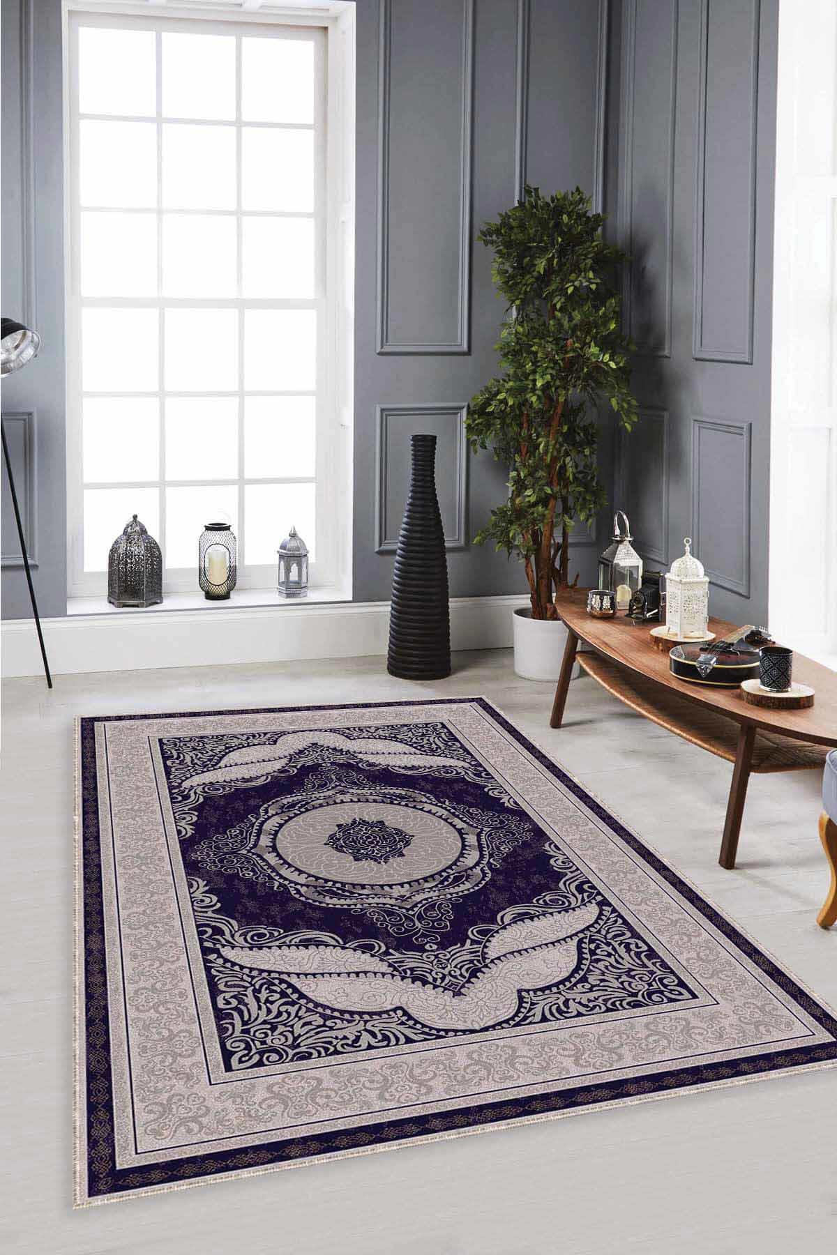Viva Home MK52 Lacivert 7 mm Mikropolyester Leke tutmaz Yıkanabilir İnce Kaymaz Dot Taban Dikdörtgen Makine Dokuma Salon Halısı 120x180 cm