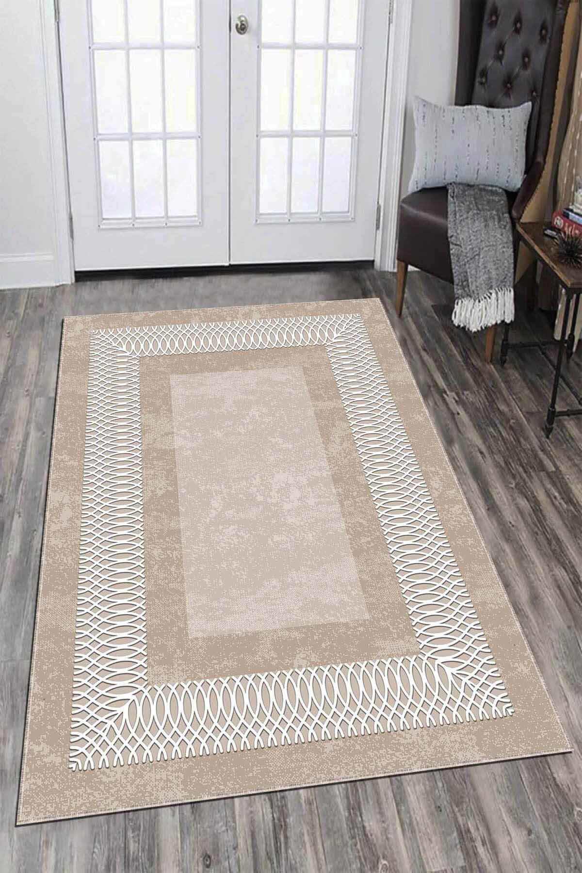 Viva Home AR940 Bej 7 mm Mikropolyester Yıkanabilir İnce Kaymaz Jüt Taban Dikdörtgen Makine Dokuma Salon Halısı 100x200 cm