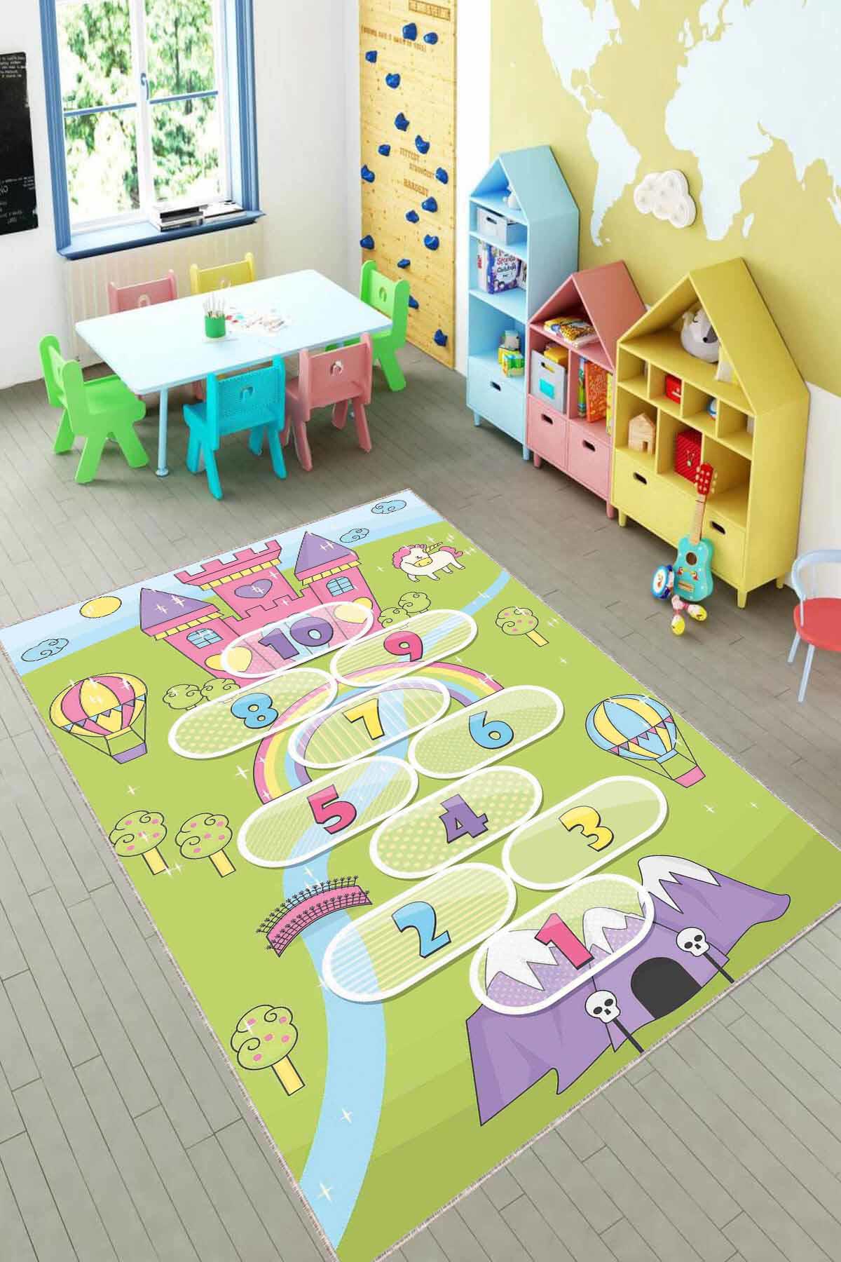 Viva Home KD97 Yeşil 7 mm Mikropolyester Toz Tutmaz Yıkanabilir İnce Kaymaz Taban Dikdörtgen Makine Dokuma Çocuk Odası Halısı 60x100 cm
