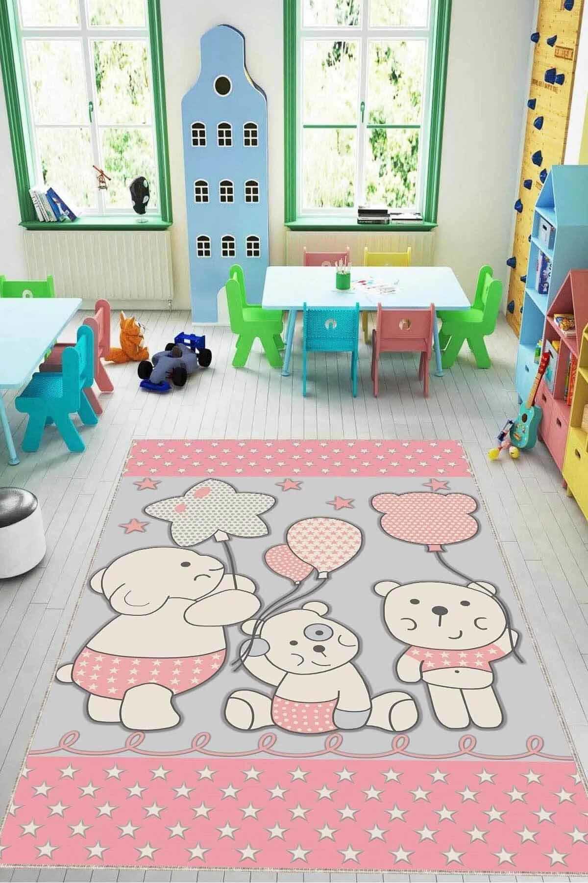 Viva Home KD015 Pembe 7 mm Mikropolyester Leke Tutmaz Yıkanabilir İnce Kaymaz Dot Taban Dikdörtgen Makine Dokuma Çocuk Odası Halısı 100x300 cm