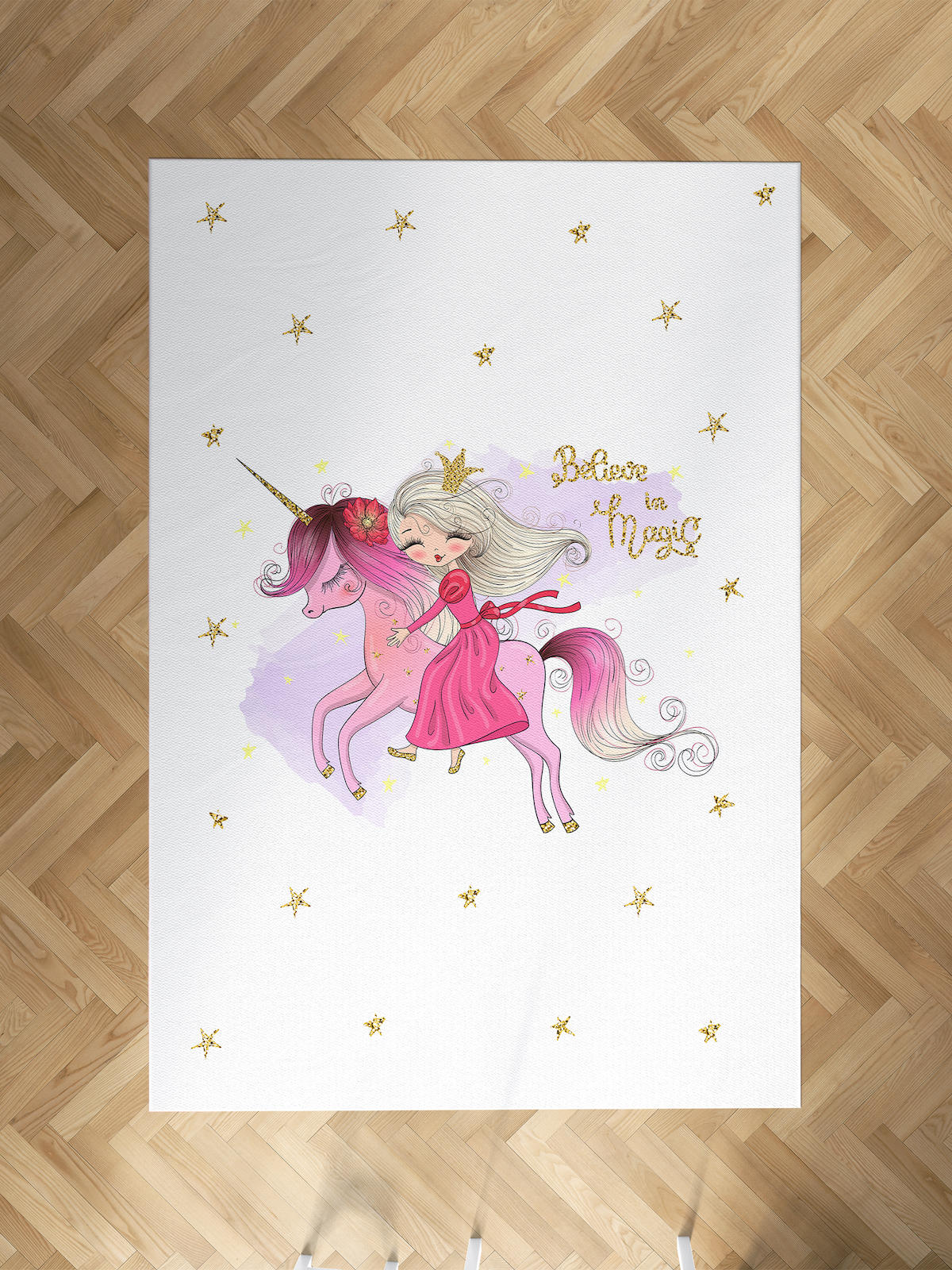 Mekta Home Prenses-Unicorn Krem 10 mm Antibakteriyel Yıkanabilir İnce Kaymaz Dot Taban Dikdörtgen Makine Dokuma Çocuk Odası Halısı 80x200 cm