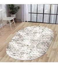 Dijidekor K1280 Bej-Gri 6 mm Polyester Antibakteriyel Yıkanabilir Orta Kaymaz Dot Taban Oval Makine Dokuma Salon Halısı 80x80 cm