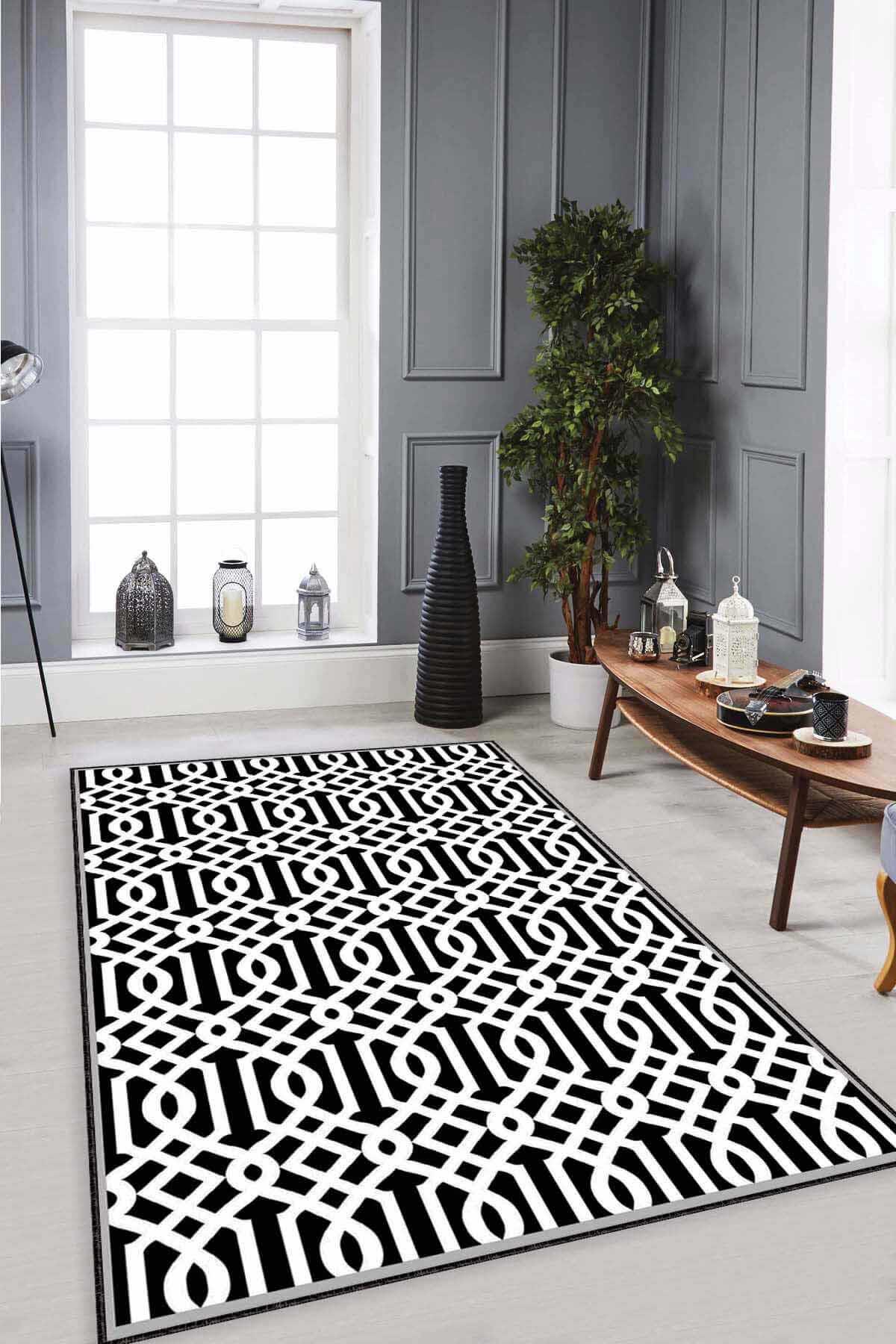 Viva Home LB002 Siyah 7 mm Mikropolyester Toz Tutmaz Yıkanabilir İnce Kaymaz Lateks Taban Dikdörtgen Makine Dokuma Salon Halısı 100x300 cm