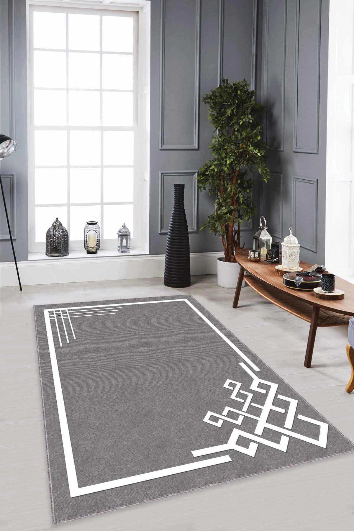 Viva Home AR535 Gri 7 mm Mikropolyester Toz Tutmaz Yıkanabilir İnce Kaymaz Dot Taban Dikdörtgen Makine Dokuma Salon Halısı 80x300 cm