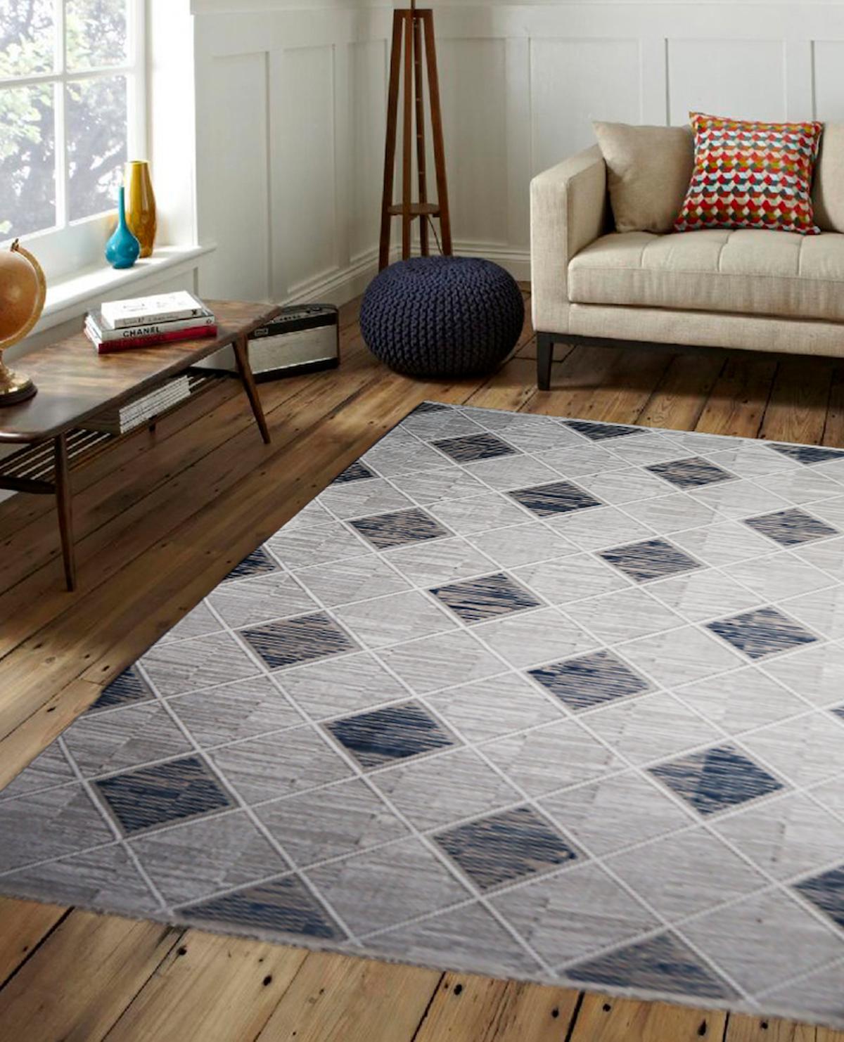 İpek Mekik Halı Gordion Gri-Mavi 7 mm Polyester Antialerjenik-Antistatik Yıkanabilir Orta Kaymaz Pamuk Taban Geometrik Dikdörtgen Makine Dokuma Antre-Çocuk Odası-Salon-Yatak Odası Halısı 100x200 cm