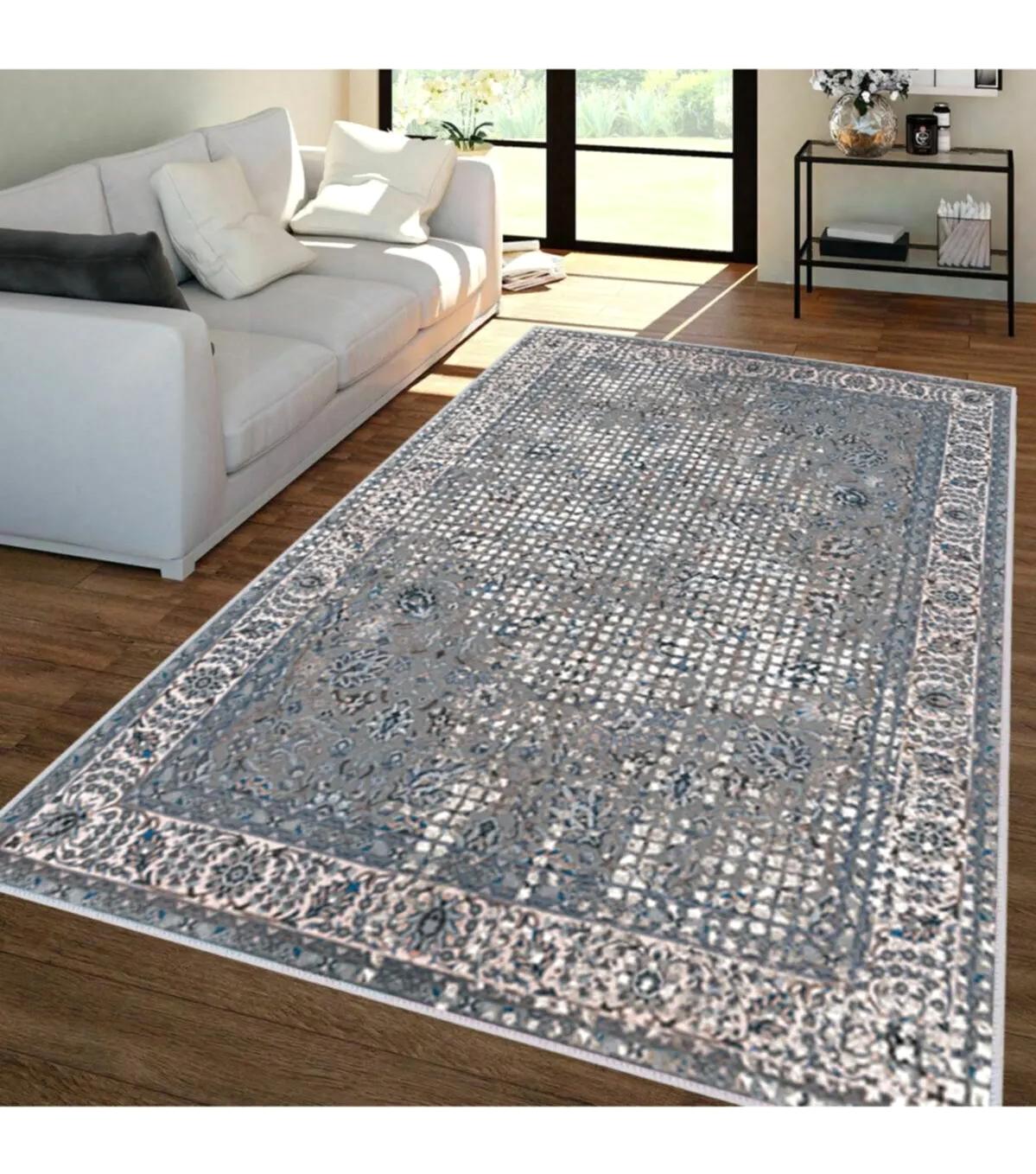 Rovigo Home RVG1345-HT250 Gri 8 mm Polyester Leke Tutmaz-Toz Tutmaz Yıkanabilir İnce Kaymaz Dot Taban Dikdörtgen Makine Dokuma Salon Halısı 80x100 cm