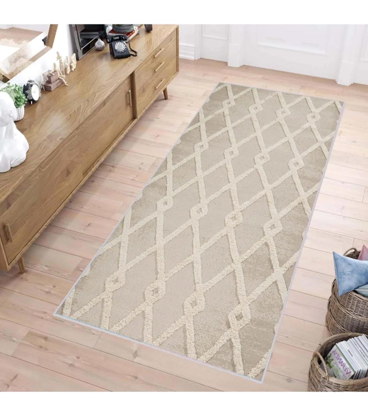 Rovigo Home RVG1475 Krem 8 mm Polyester Leke Tutmaz-Toz Tutmaz Yıkanabilir İnce Kaymaz Dot Taban Dikdörtgen Makine Dokuma Salon Halısı 120x120 cm