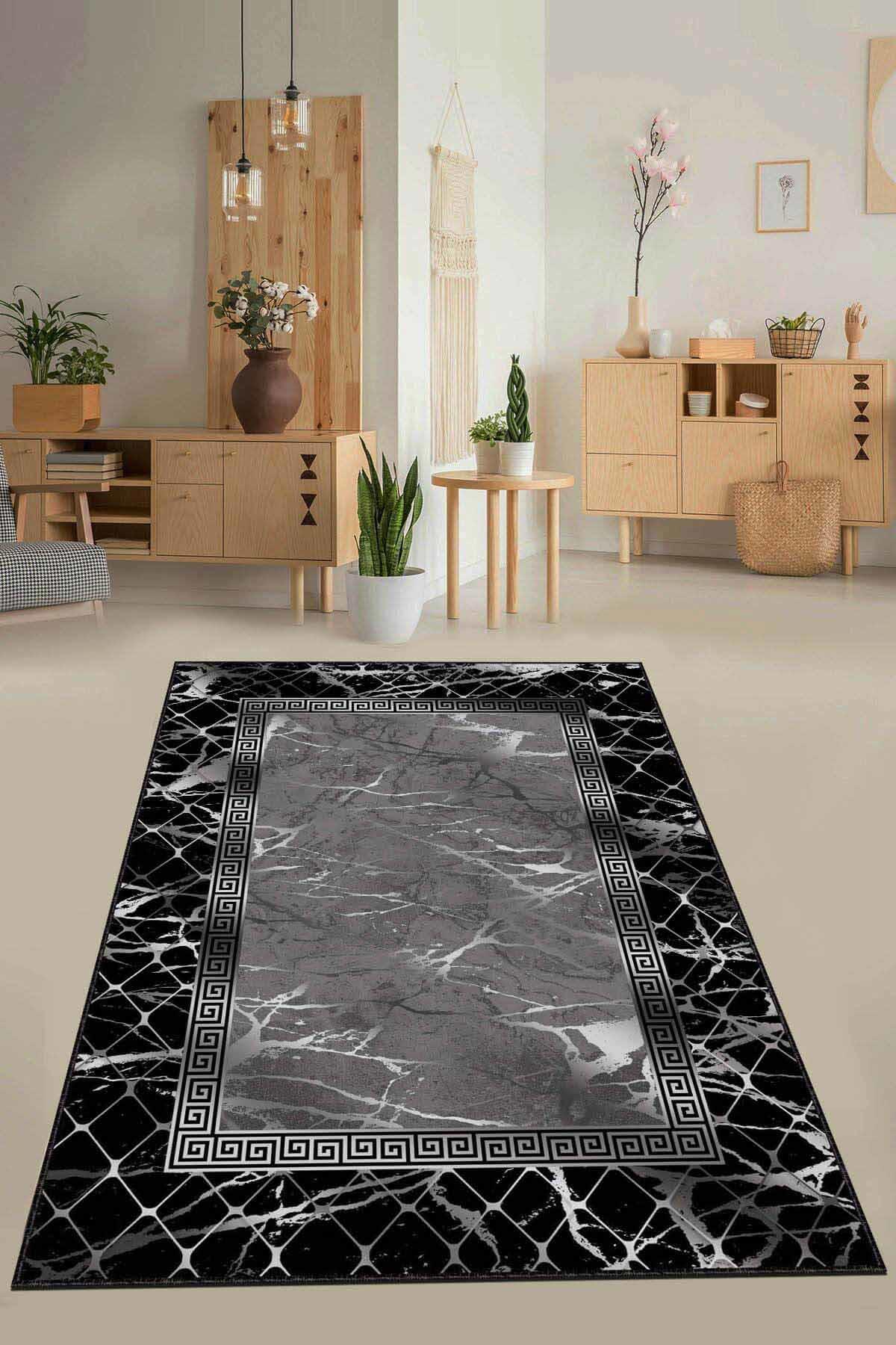 Viva Home AR949 Siyah 7 mm Mikropolyester Antibakteriyel Yıkanabilir Kalın Kaymaz Lateks Taban Dikdörtgen Makine Dokuma Salon Halısı 100x200 cm