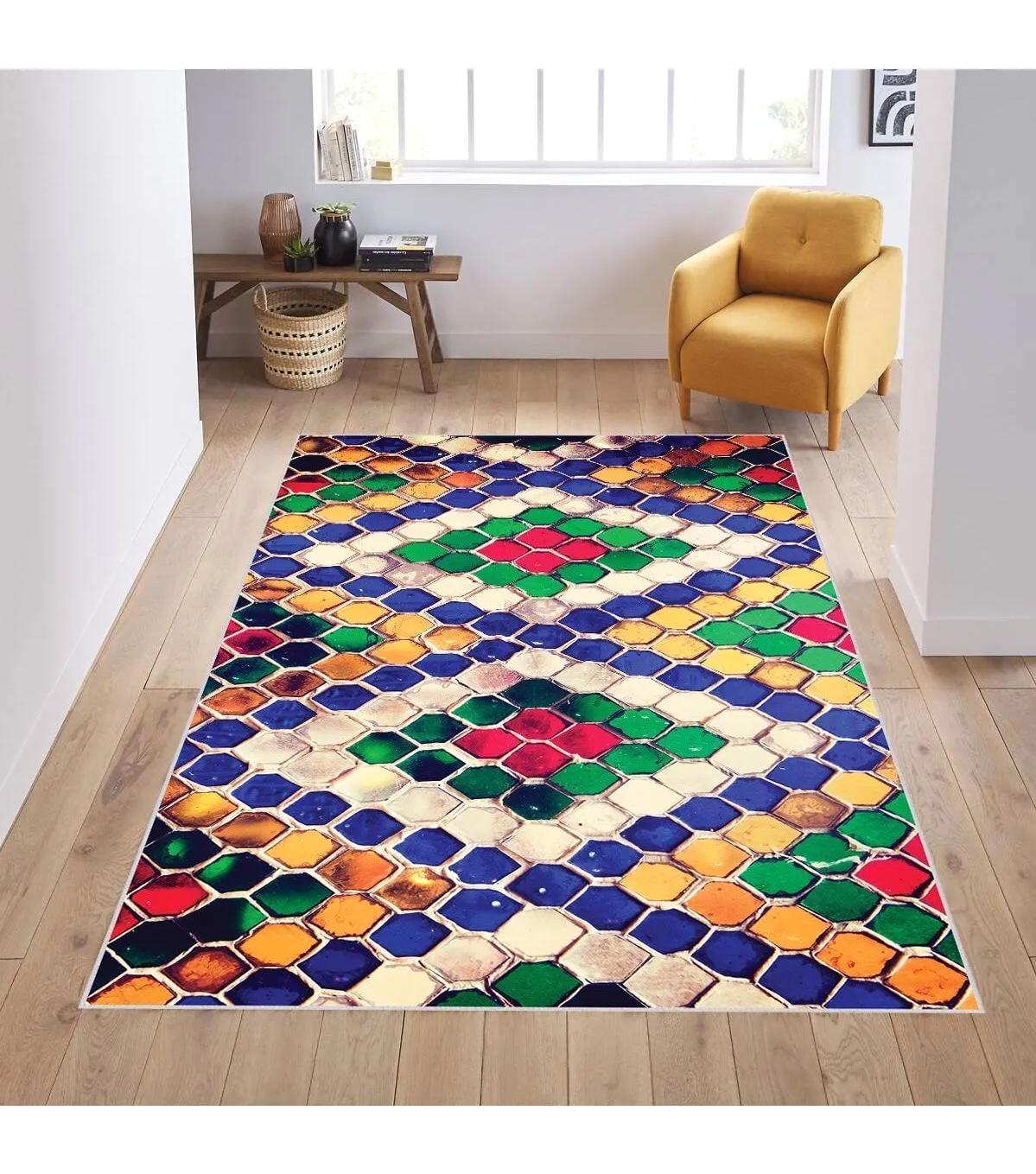 Rovigo Home RVG1893-SD040 Çok Renkli 8 mm Polyester Antibakteriyel-Leke Tutmaz-Toz Tutmaz Yıkanabilir İnce Kaymaz Dot Taban Dikdörtgen Makine Dokuma Salon Halısı 160x230 cm