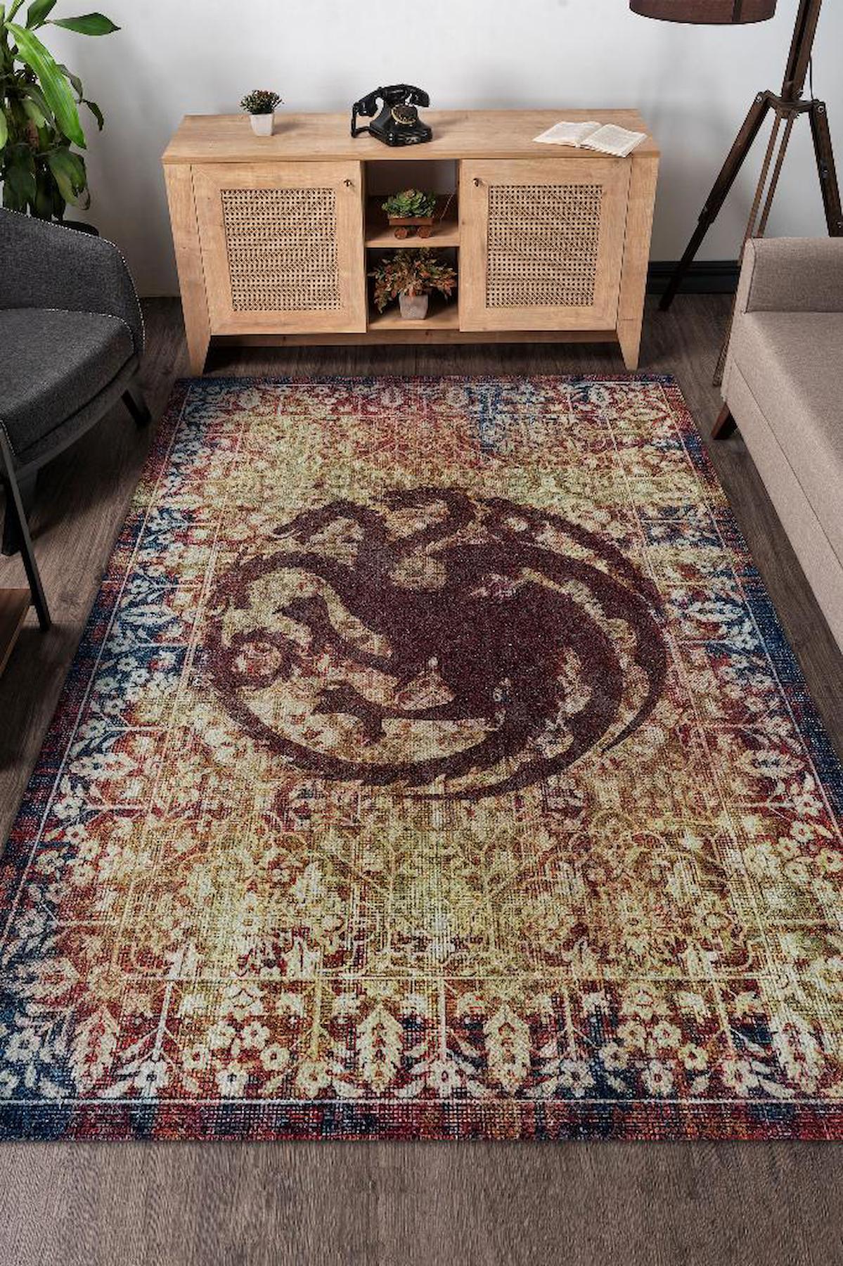 Homshtag Game Of Thrones Çok Renkli 4 mm Pamuk Antistatik Yıkanabilir İnce Kaymaz Dikdörtgen Makine Dokuma Salon Halısı 80x200 cm