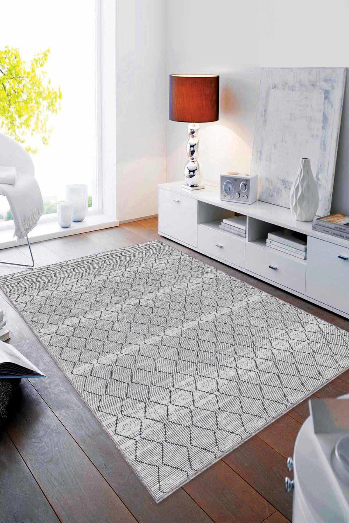 Viva Home RV191 Gri 7 mm Mikropolyester Toz Tutmaz Yıkanabilir İnce Kaymaz Dot Taban Dikdörtgen Makine Dokuma Salon Halısı 70x110 cm
