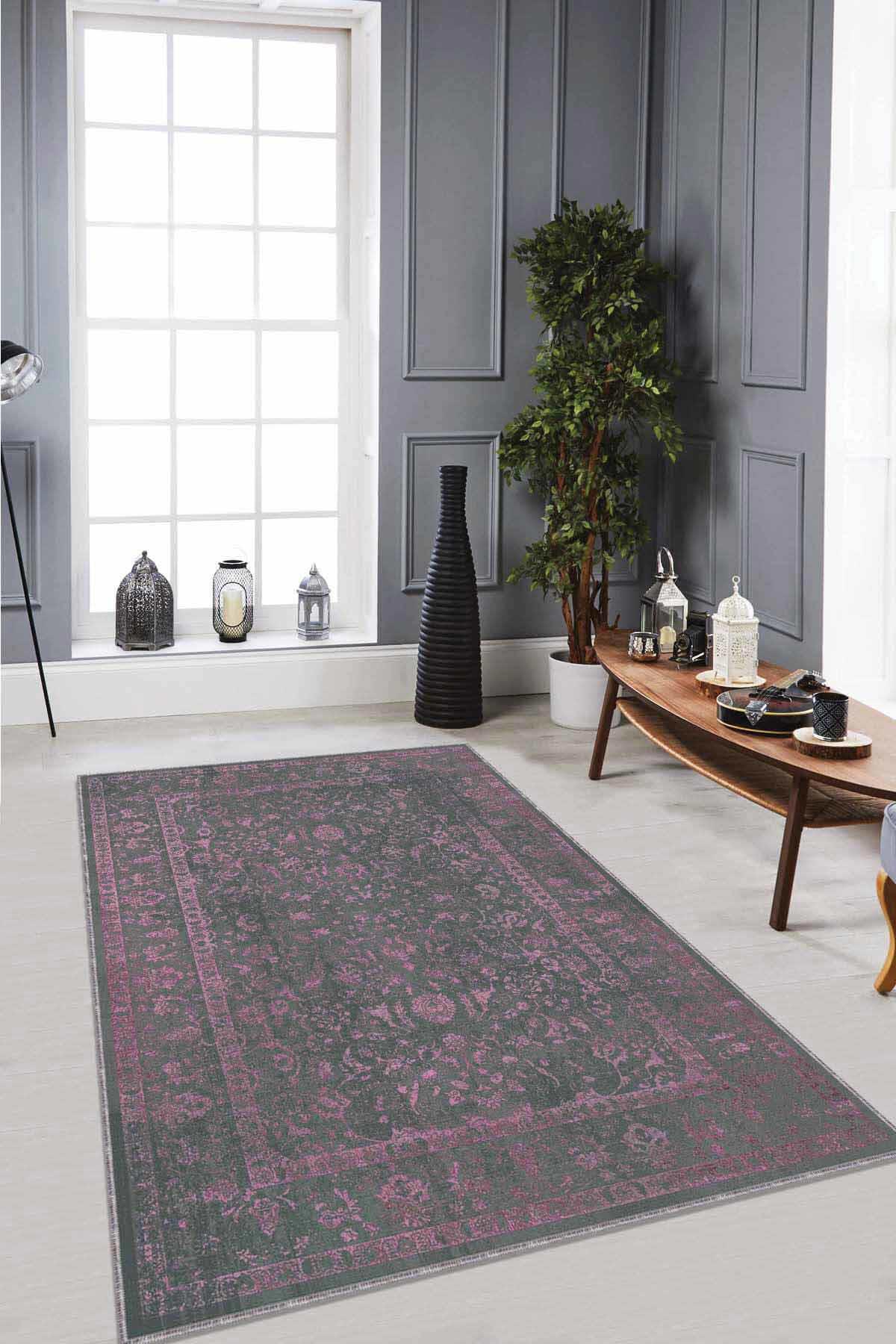 Viva Home RV286 Pembe 7 mm Mikropolyester Leke Tutmaz Yıkanabilir İnce Kaymaz Dot Taban Dikdörtgen Makine Dokuma Salon Halısı 80x150 cm