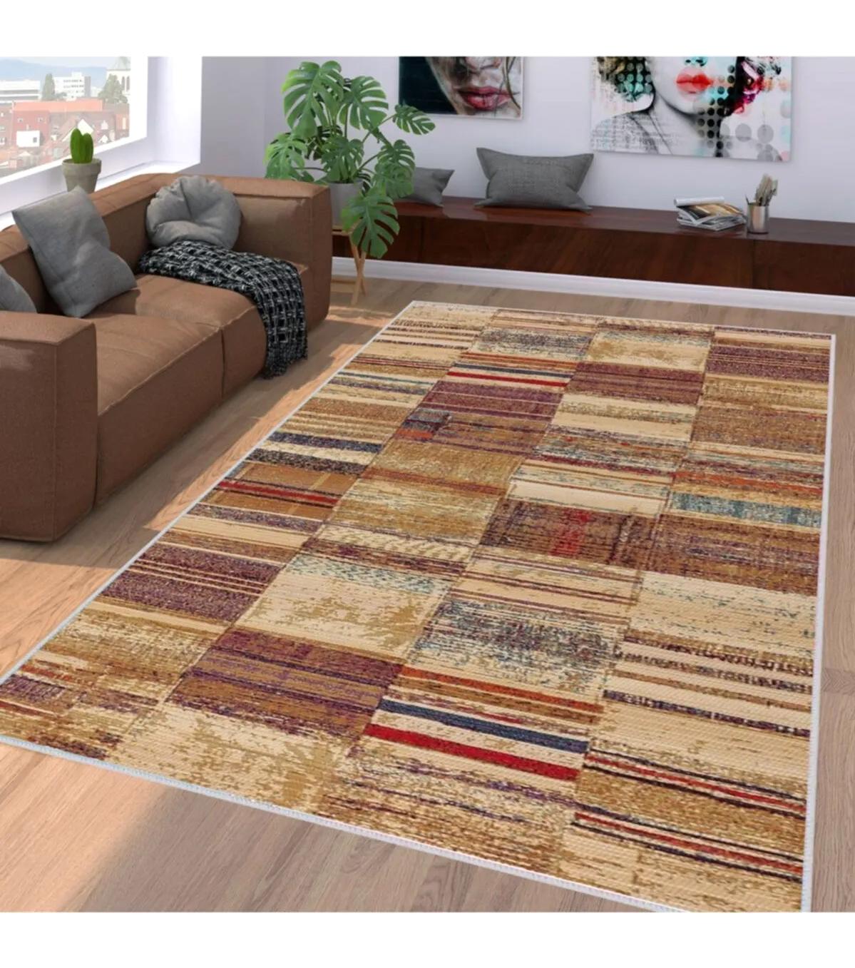 Rovigo Home RVG1252 Çok Renkli 8 mm Polyester Leke Tutmaz-Toz Tutmaz Yıkanabilir İnce Kaymaz Dot Taban Dikdörtgen Makine Dokuma Salon Halısı 80x150 cm