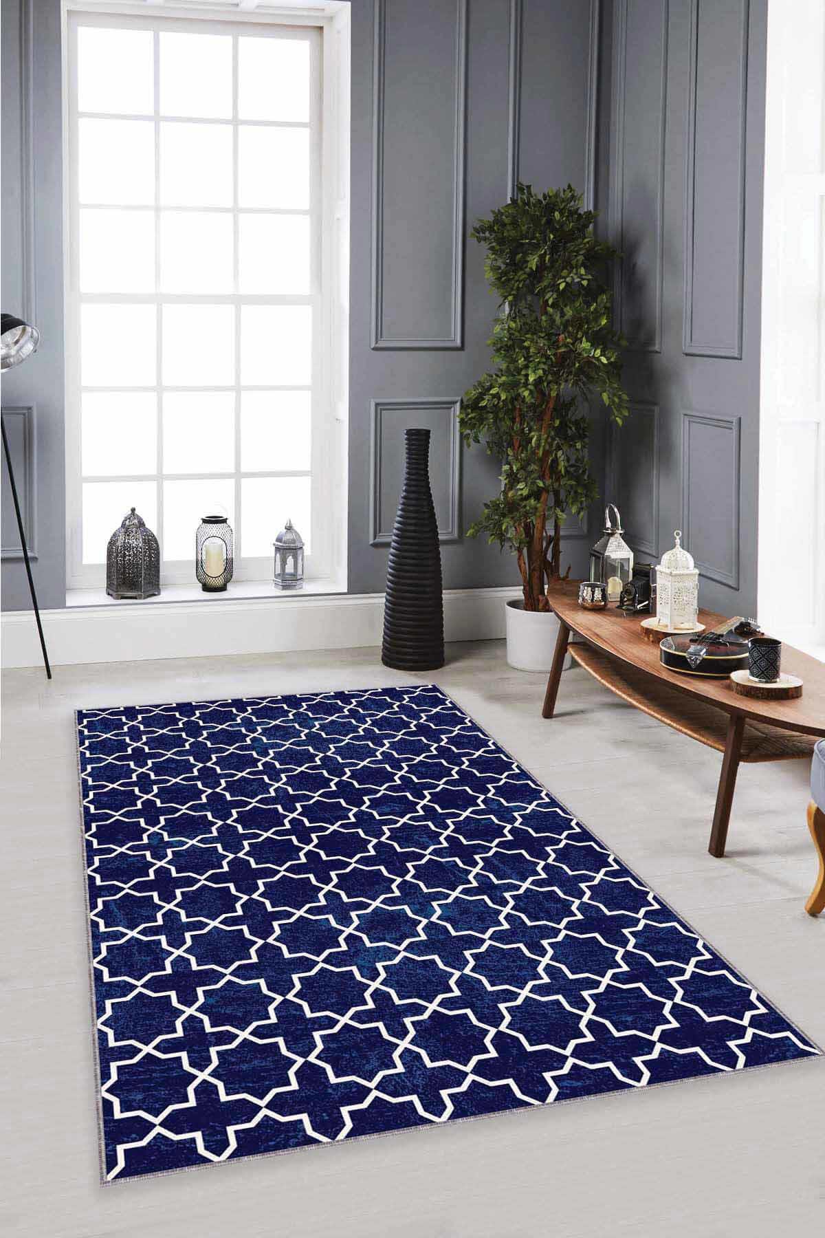 Viva Home MO04 Lacivert 7 mm Mikropolyester Antibakteriyel Yıkanabilir İnce Kaymaz Dikdörtgen Makine Dokuma Salon Halısı 120x180 cm