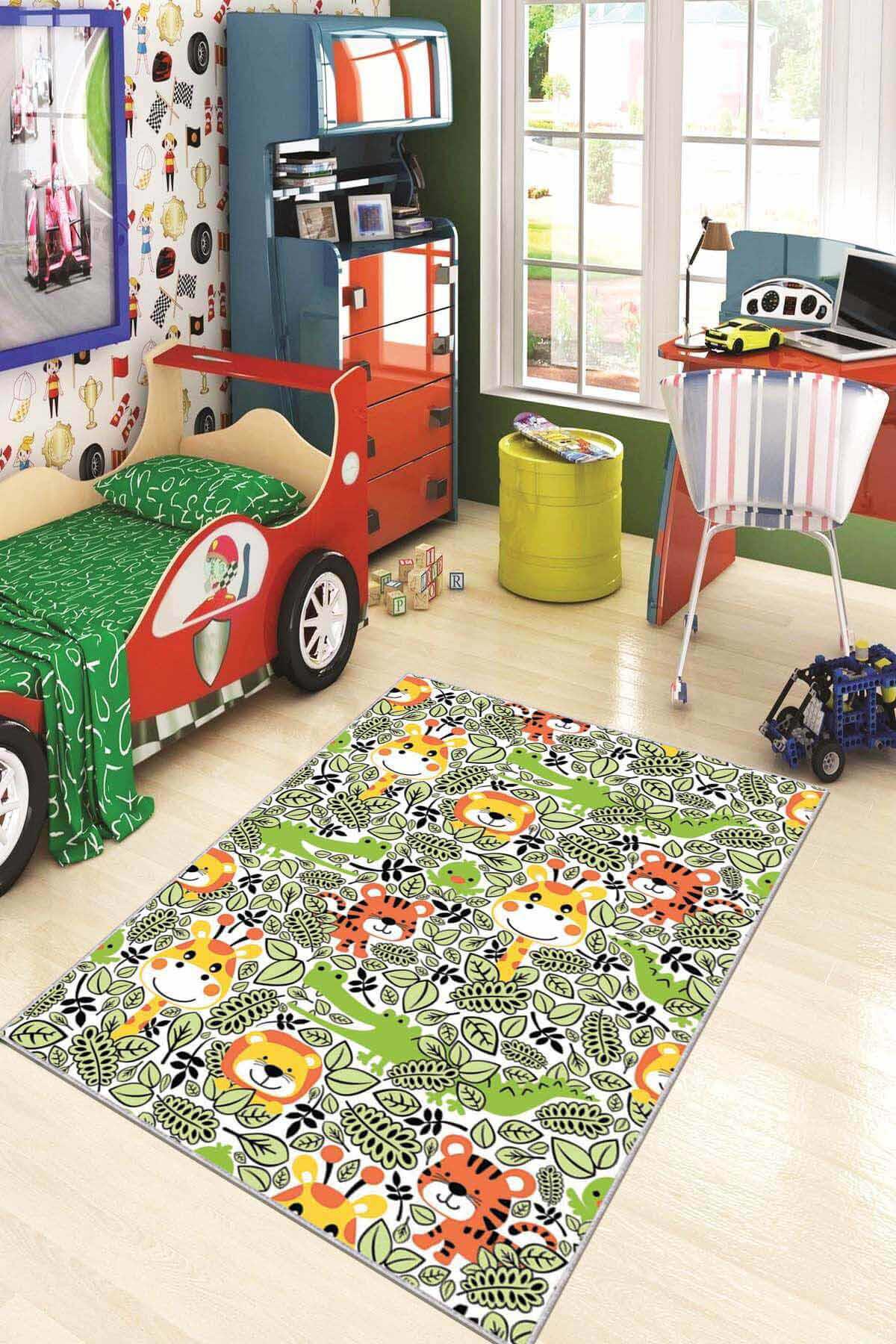 Viva Home AR039 Krem 7 mm Mikropolyester Leke Tutmaz Yıkanabilir Orta Kaymaz Dot Taban Hayvan Desenli Dikdörtgen Makine Dokuma Çocuk Odası Halısı 80x300 cm