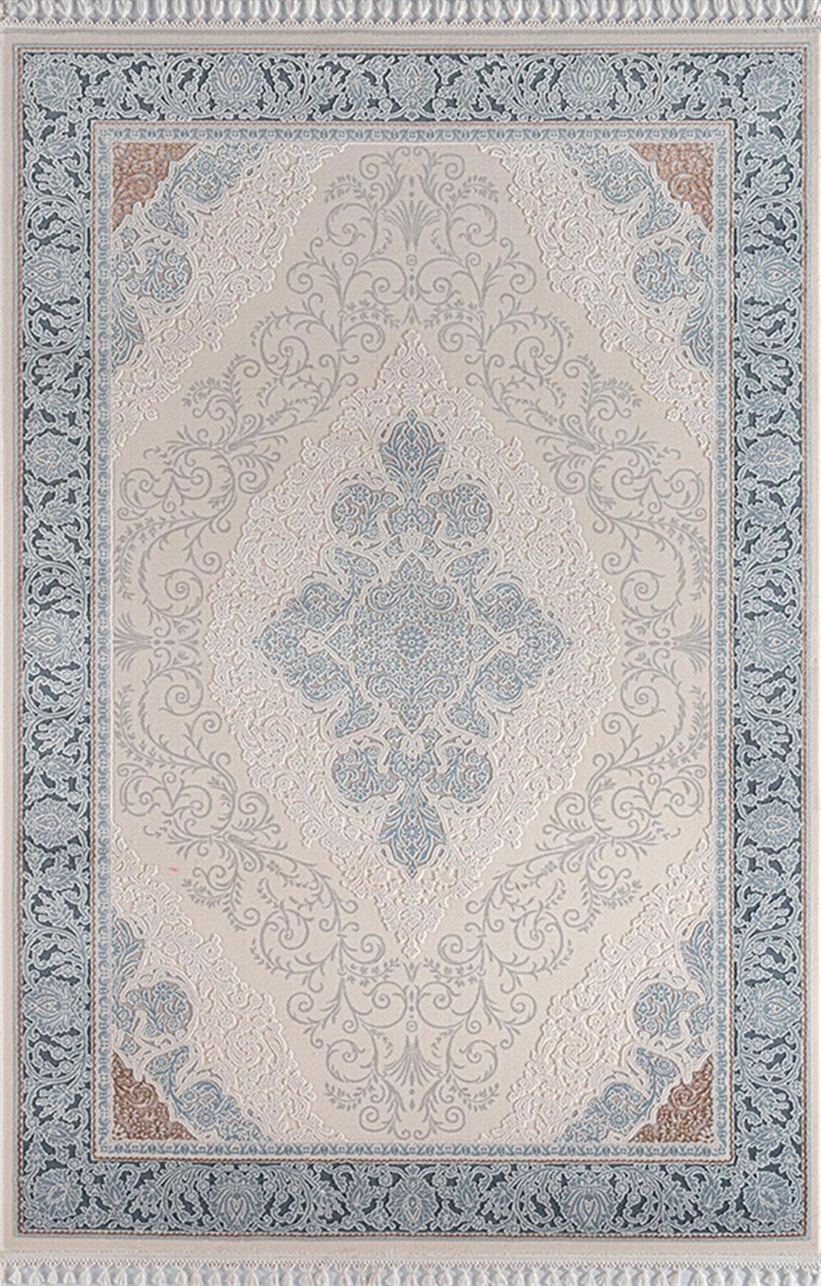 Sanat Halı Delüks 6988 Bej - Mavi 14 mm Akrilik Yıkanabilir Kalın Kaymaz Lateks Taban Dikdörtgen Makine Dokuma Salon Halısı 100x200 cm