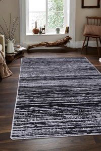 Dijidekor YM4700 Gri-Siyah 7 mm Polipropilen Yıkanabilir Orta Kaymaz Dot Taban Dikdörtgen Makine Dokuma Salon Halısı 80x150 cm