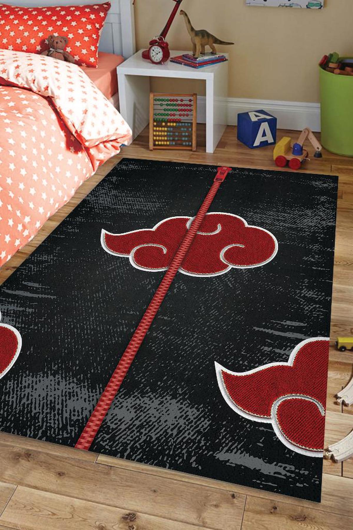 Homshtag Anime Kırmızı-Siyah 4 mm Pamuk Antistatik Yıkanabilir İnce Kaymaz Dikdörtgen Makine Dokuma Çocuk Odası Halısı 80x200 cm