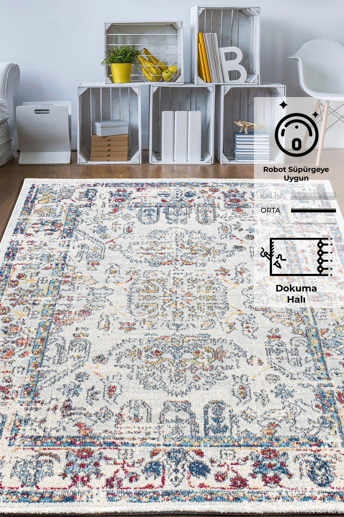 Konfor Halı Vintage 7659 Çok Renkli 7 mm Polipropilen Yıkanabilir Dikdörtgen Makine Dokuma Salon Halısı 120x180 cm
