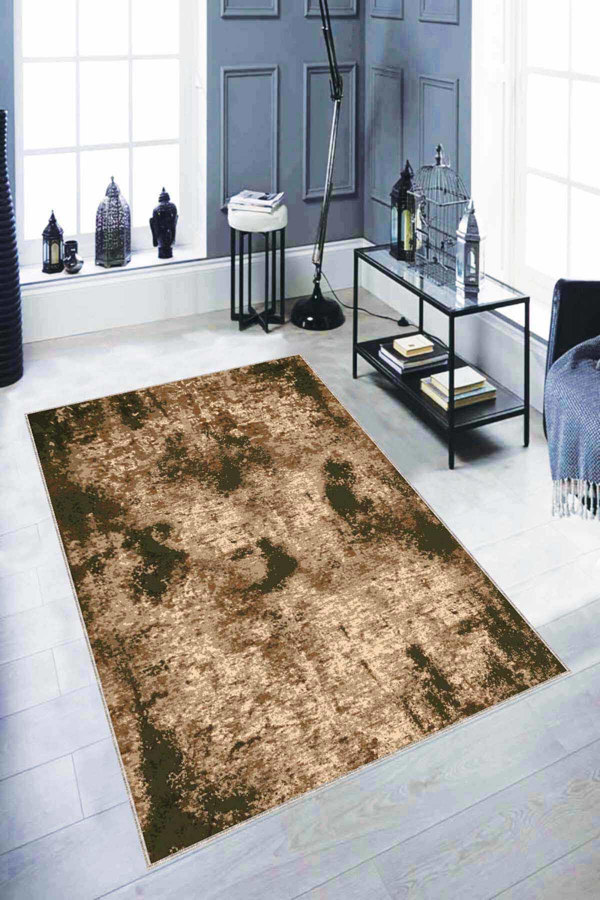 Viva Home AR297 Bej-Siyah 7 mm Mikropolyester Yıkanabilir İnce Kaymaz Dot Taban Dikdörtgen Makine Dokuma Salon Halısı 160x350 cm
