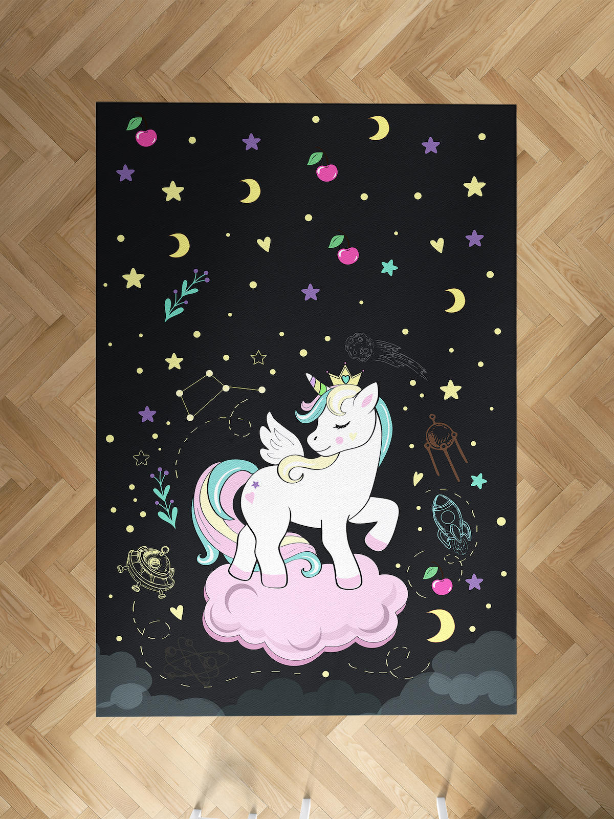 Mekta Home Bulut-Unicorn Çok Renkli 10 mm Antibakteriyel Yıkanabilir İnce Kaymaz Dot Taban Dikdörtgen Makine Dokuma Çocuk Odası Halısı 60x100 cm