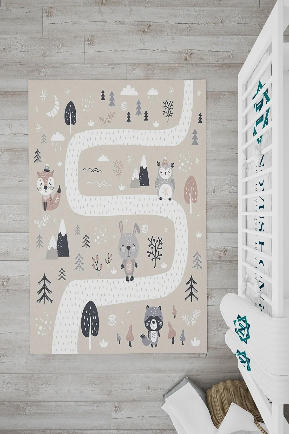 Novus Home Verona Serisi Bej-Vizon 6 mm Polyester Antibakteriyel-Toz Tutmaz-Yalıtıma Yardımcı Yıkanabilir İnce Kaymaz Taban Dikdörtgen Makine Dokuma Çocuk Odası Halısı 80x150 cm